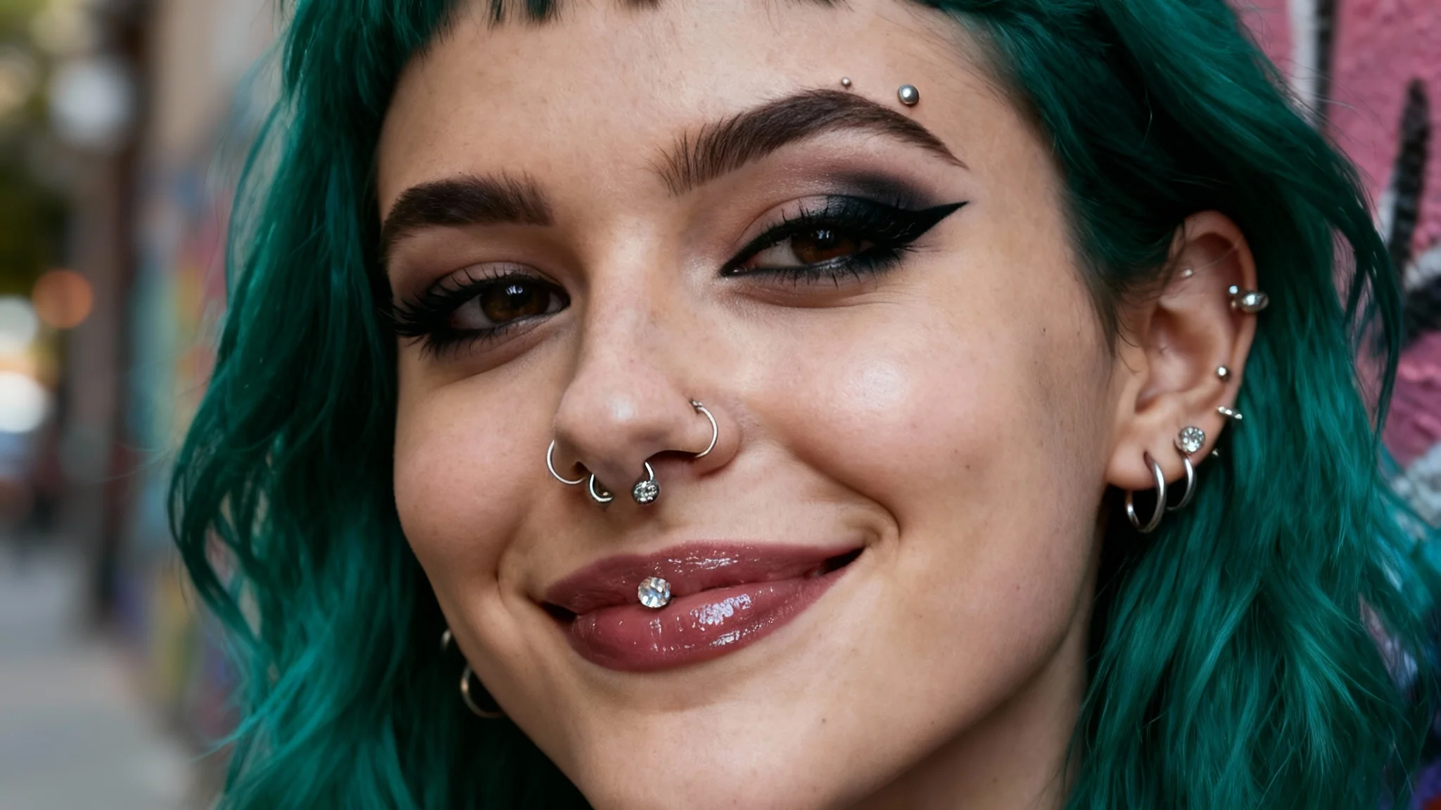 A close-up hero image of a smiling woman with teal hair, showcasing hyper-realistic virtual piercings including a Monroe stud and double nose piercing, demonstrating a virtual try-on result.