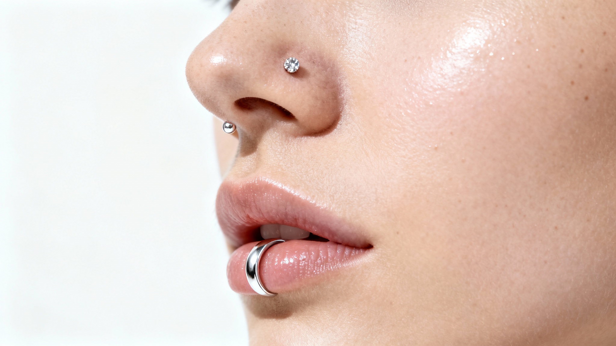 A hyperrealistic close-up of a face showcasing a delicate silver labret piercing on the lip and a matching stud piercing in the nostril, isolated against a plain white background.