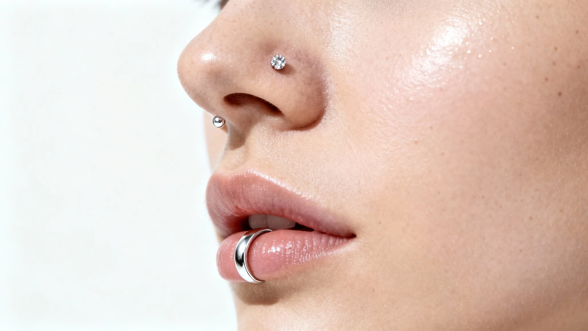 A hyperrealistic close-up of a face showcasing a delicate silver labret piercing on the lip and a matching stud piercing in the nostril, isolated against a plain white background.