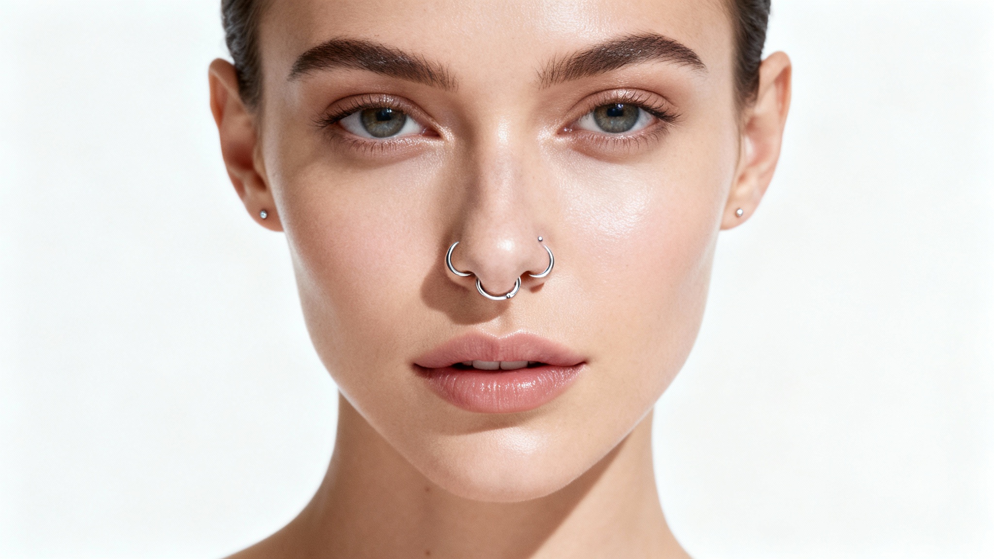 A close-up, high-fashion portrait of a person's face against a white background, showcasing a delicate silver septum ring and a matching nostril stud.