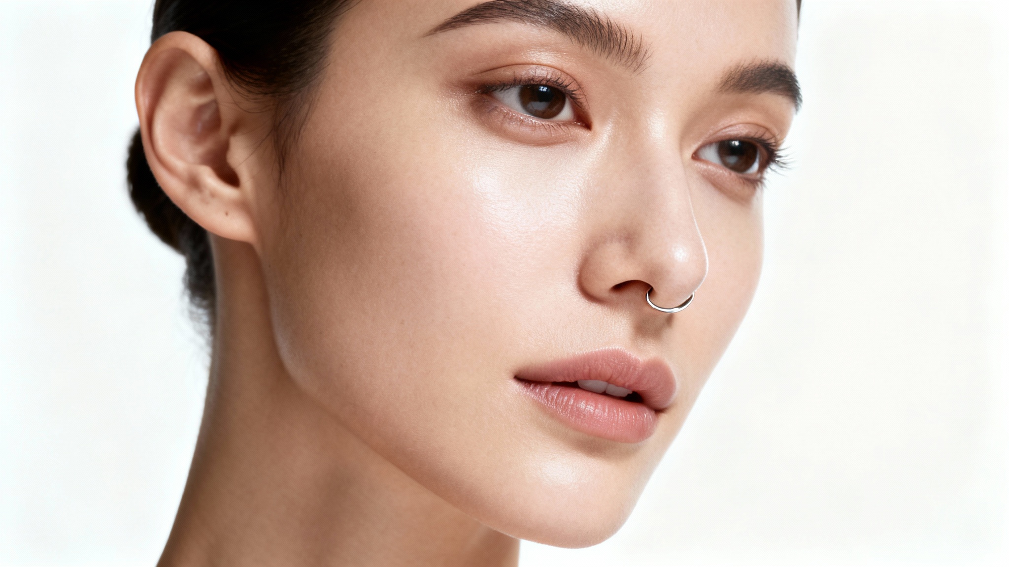 A close-up photograph of a person's face, highlighting a small, elegant stud piercing in their nostril against a clean white background.