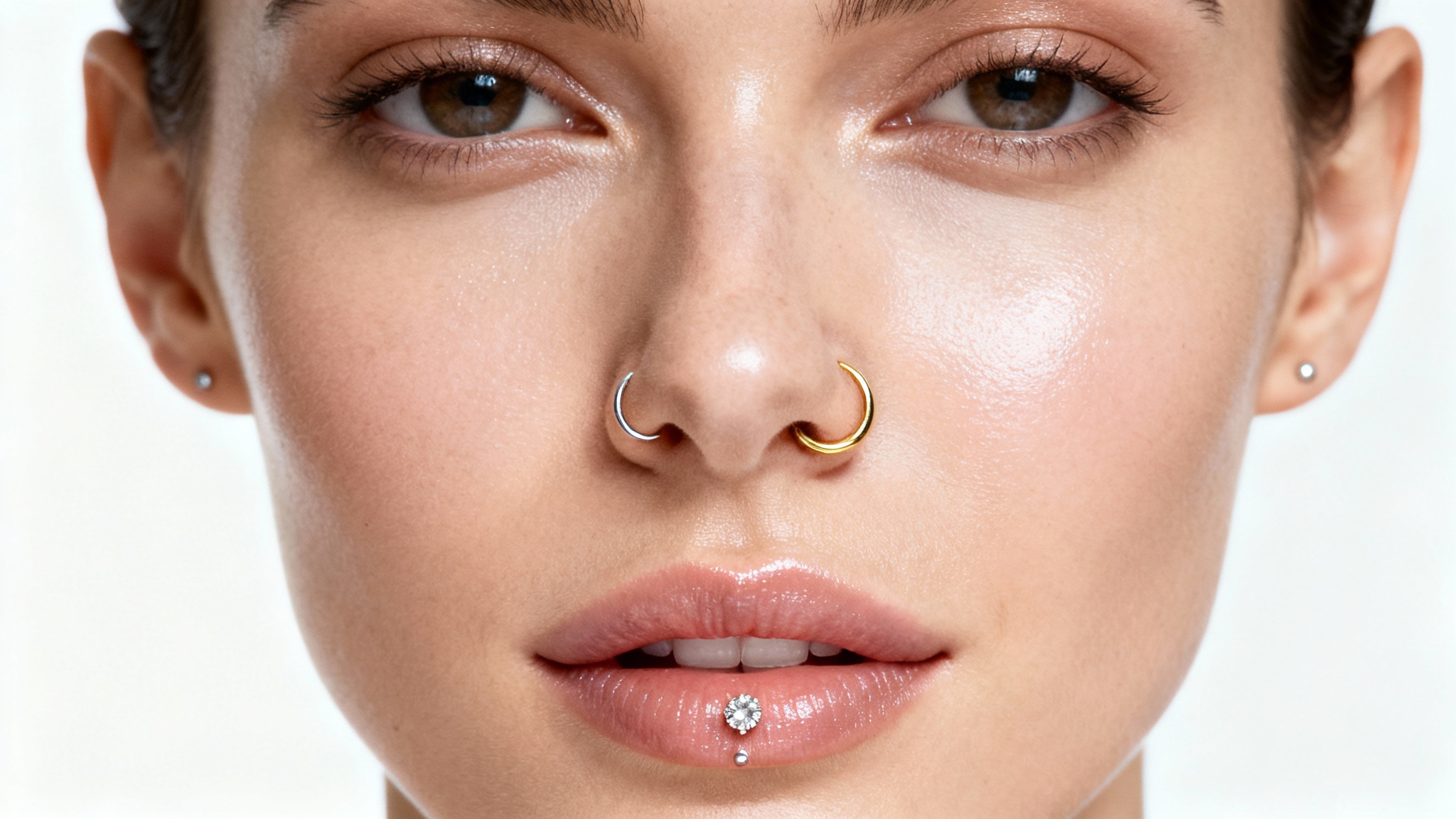 A close-up, artistic photo of a person's face with several minimalist and elegant piercings, including a nostril hoop and lip studs, set against a clean white background.