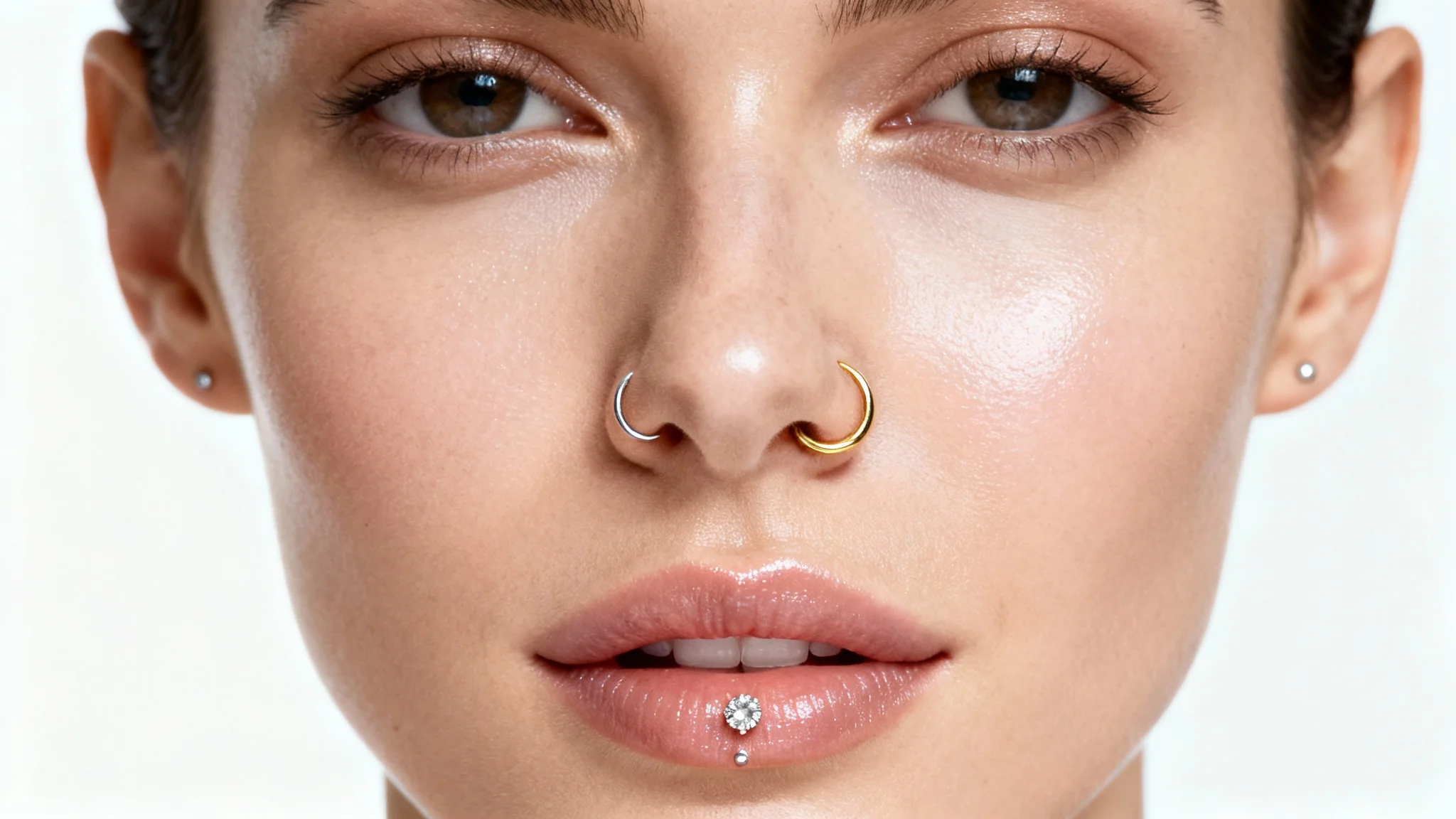 A close-up, artistic photo of a person's face with several minimalist and elegant piercings, including a nostril hoop and lip studs, set against a clean white background.