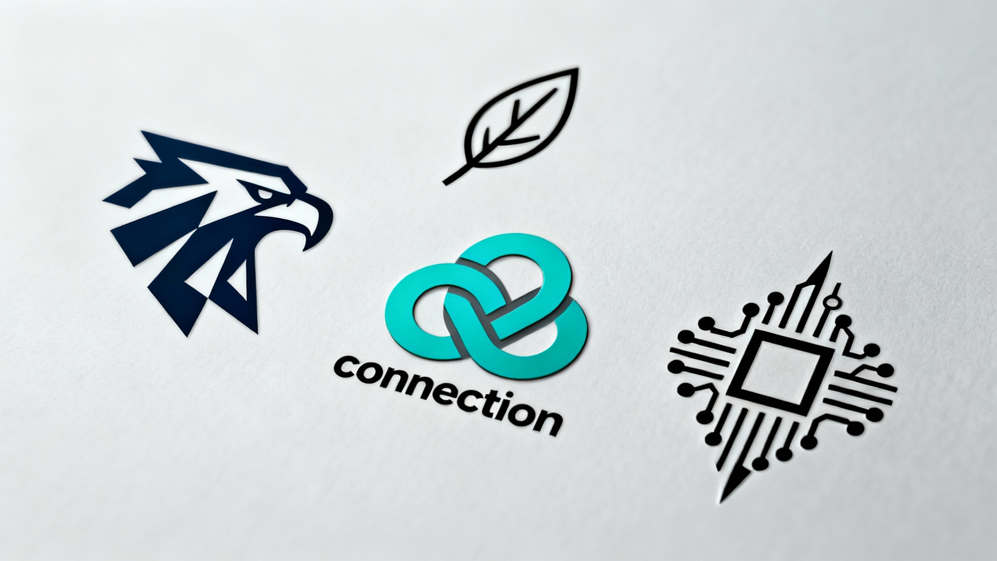 A showcase of four professionally designed modern symbols representing concepts like power, nature, connection, and technology, arranged on a clean background.