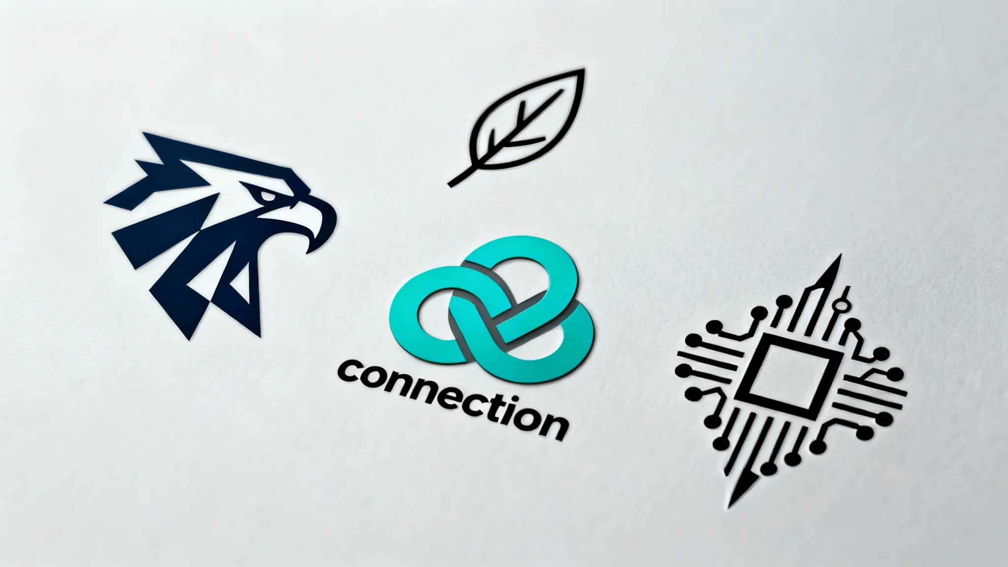 A showcase of four professionally designed modern symbols representing concepts like power, nature, connection, and technology, arranged on a clean background.