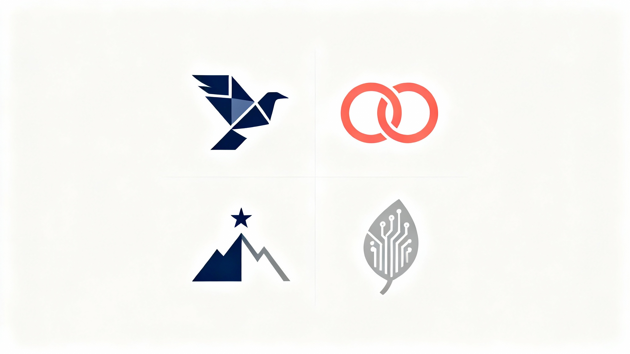 A collection of four modern, minimalist symbols in blue, coral, and gray arranged on a white background, representing creativity and abstract design.