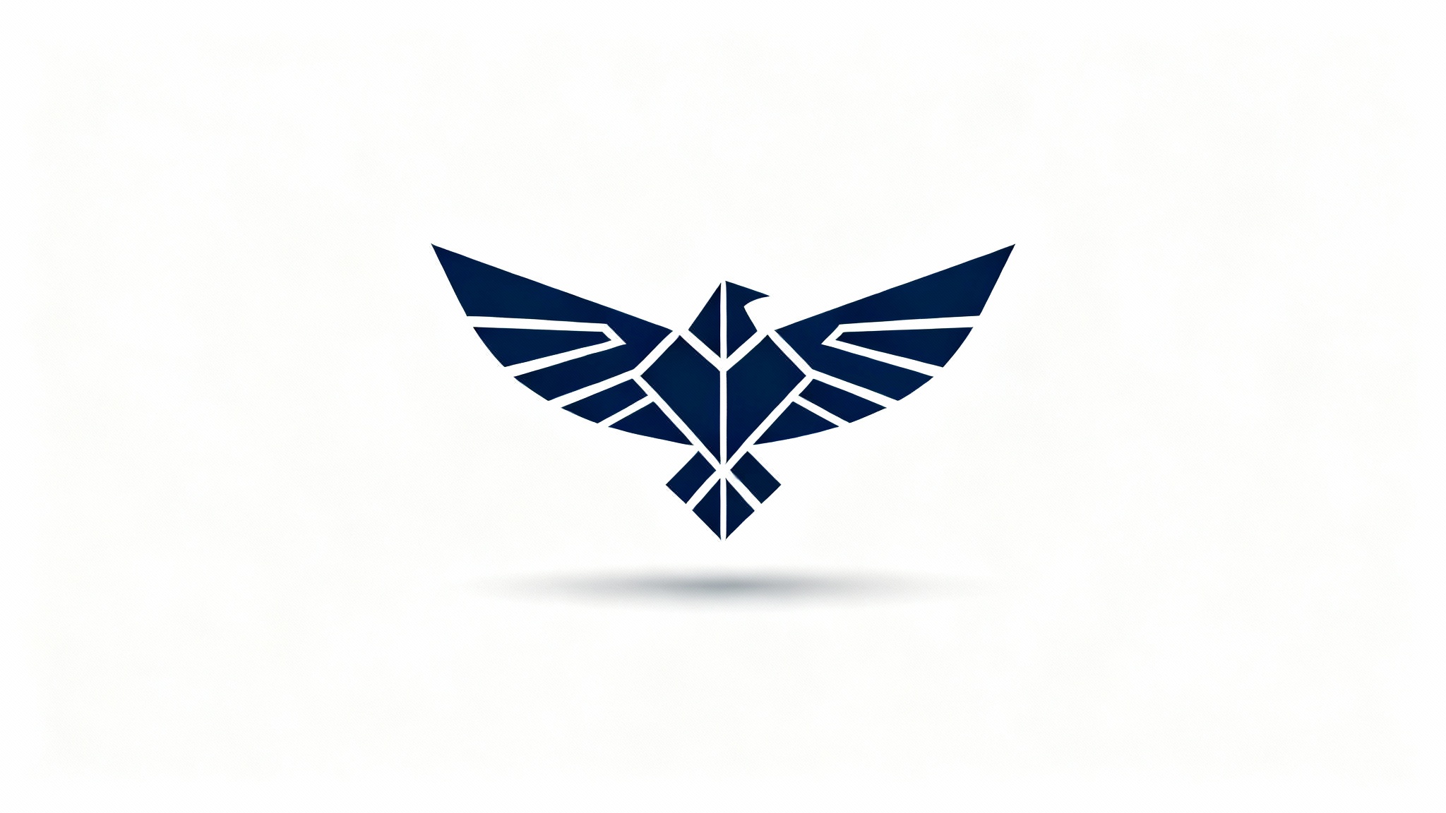 A minimalist, navy blue geometric symbol of a stylized bird, centered on a clean white background.