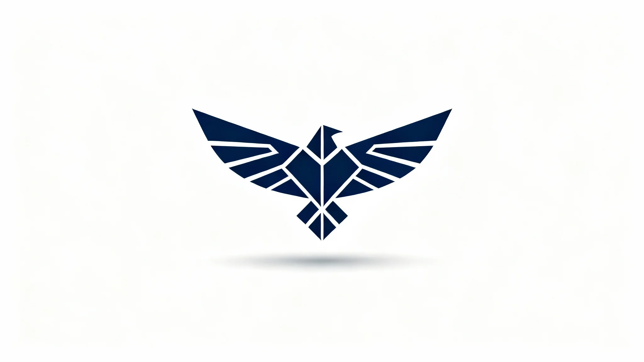 A minimalist, navy blue geometric symbol of a stylized bird, centered on a clean white background.