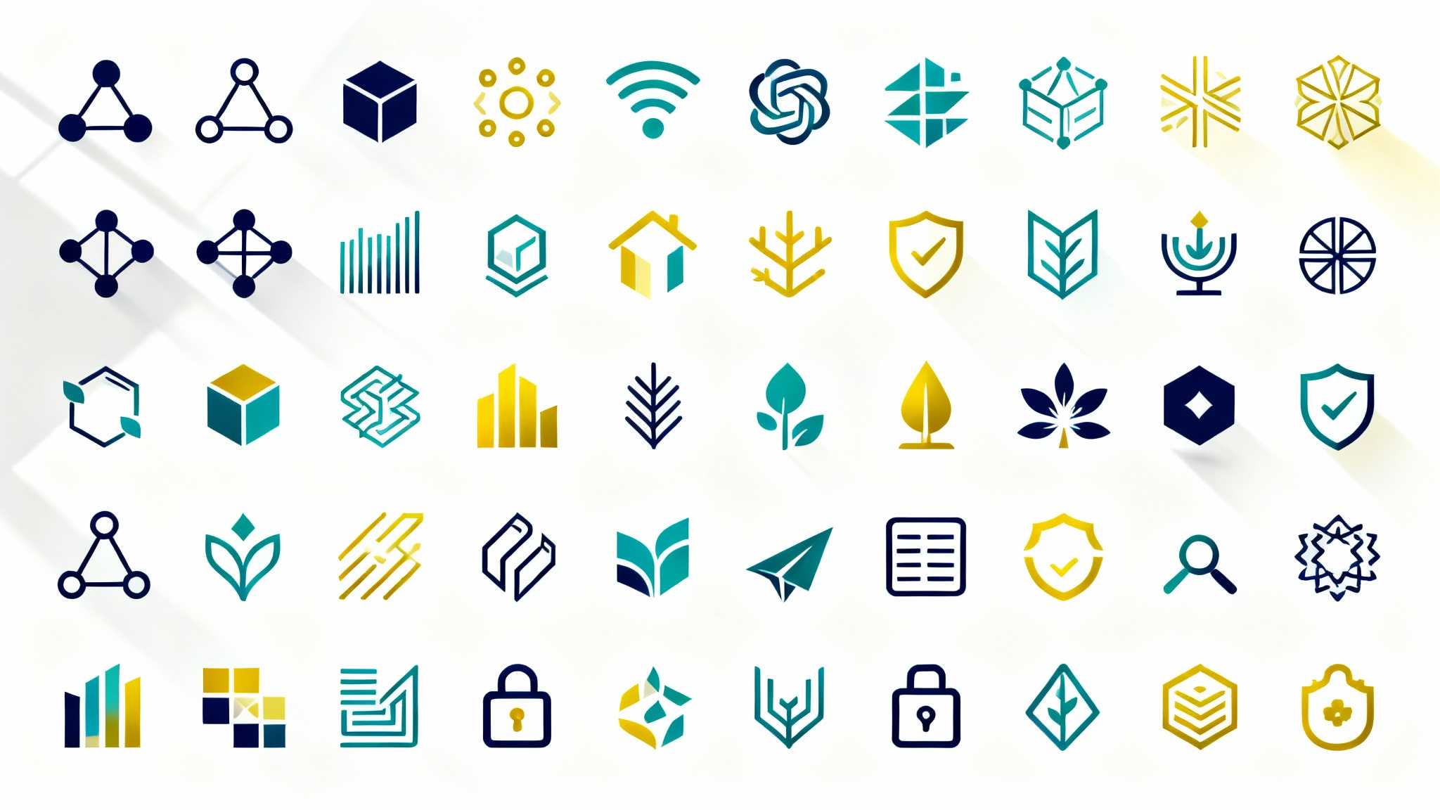 A collection of modern, minimalist symbols in a grid layout, featuring blue, teal, and yellow colors on a clean white background, representing abstract concepts.