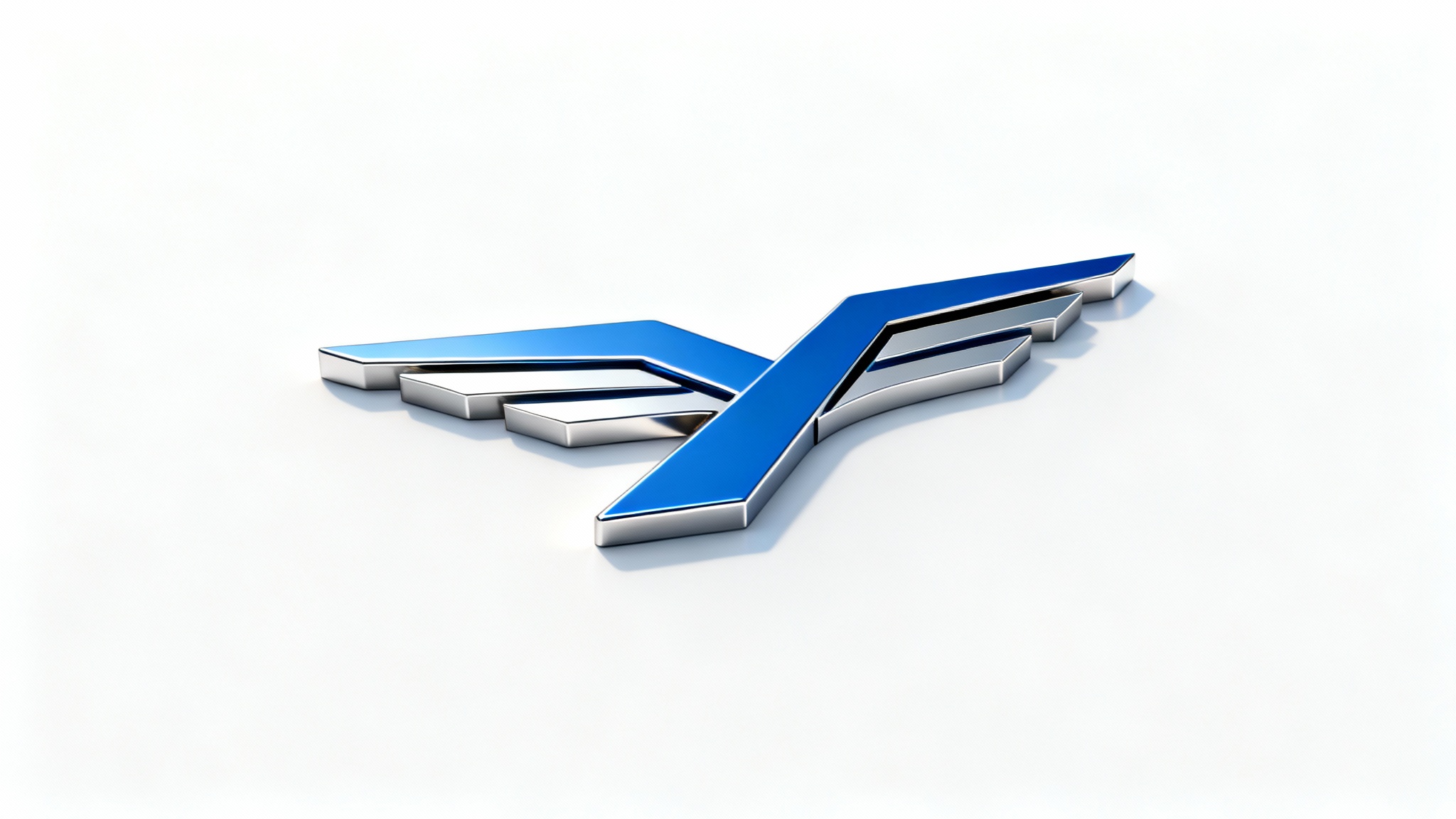 A photorealistic mockup of a modern, abstract symbol of a bird, made from blue and silver geometric shapes, displayed on a clean white background.