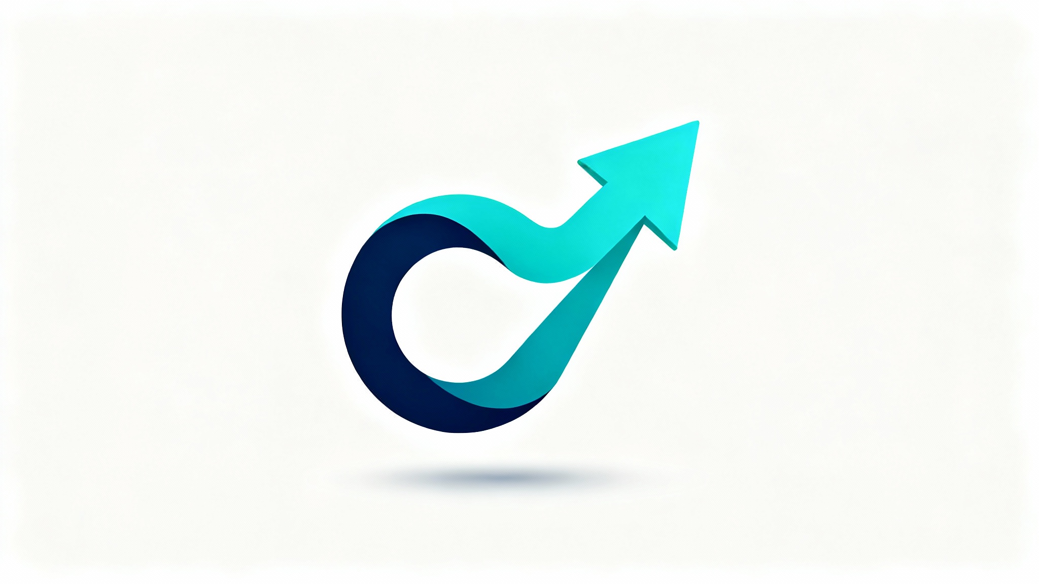 A minimalist, abstract symbol representing connection and progress, displayed on a clean white background. The symbol, which blends a loop and an arrow, has a striking blue-to-teal gradient.