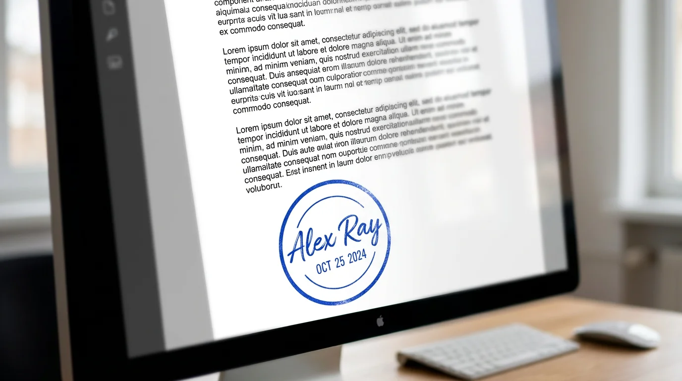 A close-up of a digital contract with a freshly applied blue circular signature stamp. The stamp contains a stylish signature for 'Alex Ray' and the current date, showcasing the final result of a digital signature stamp generator.