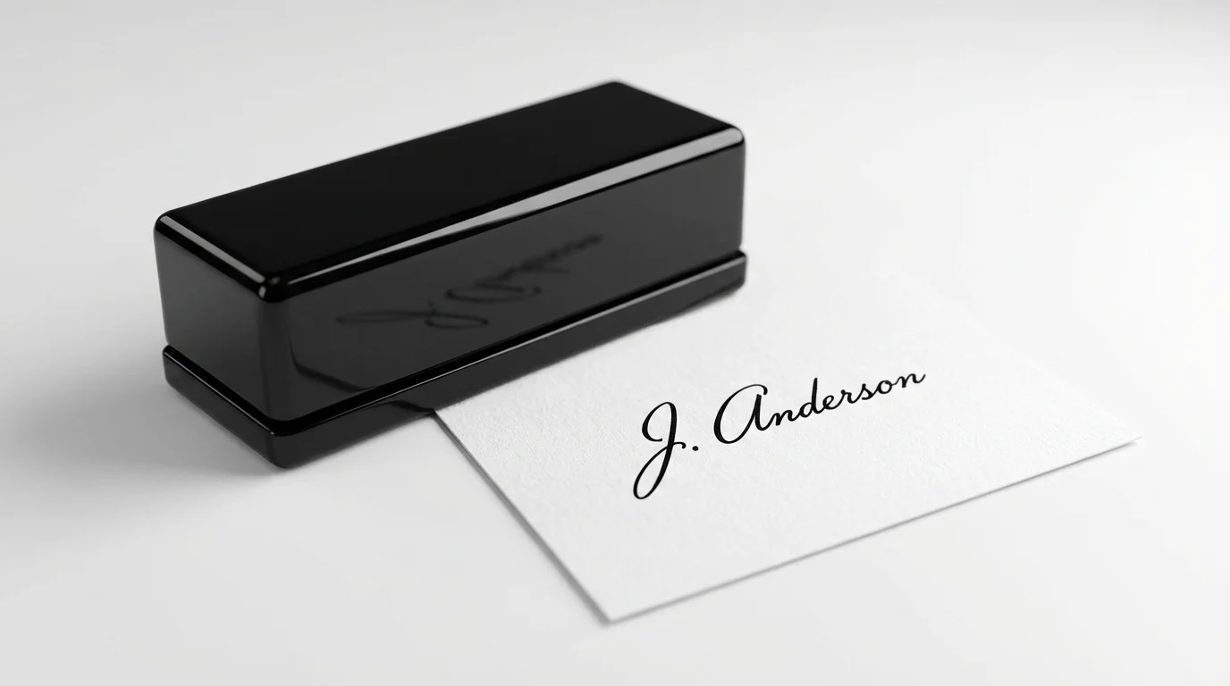 A mockup of a modern black self-inking signature stamp shown next to its crisp, black ink impression of the signature 'J. Anderson' on a white document.