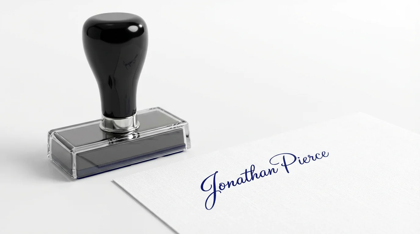 A professional black self-inking signature stamp resting on a white surface next to a document that has been stamped with the name 'Jonathan Pierce' in elegant blue ink.