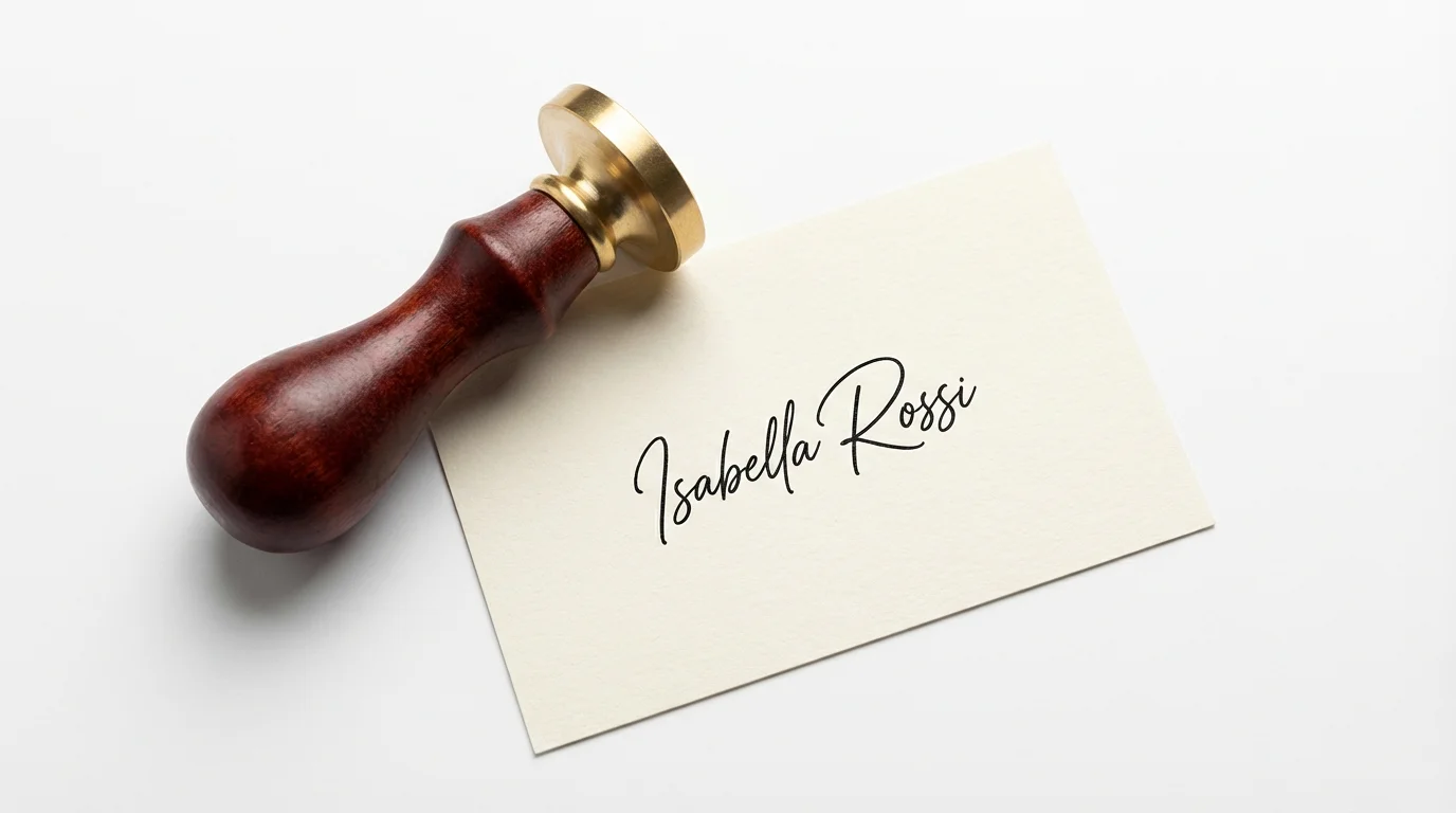 A professional mockup of a signature stamp with a dark wood handle, shown next to a piece of paper with a clear, elegant signature stamped in black ink on a white background.