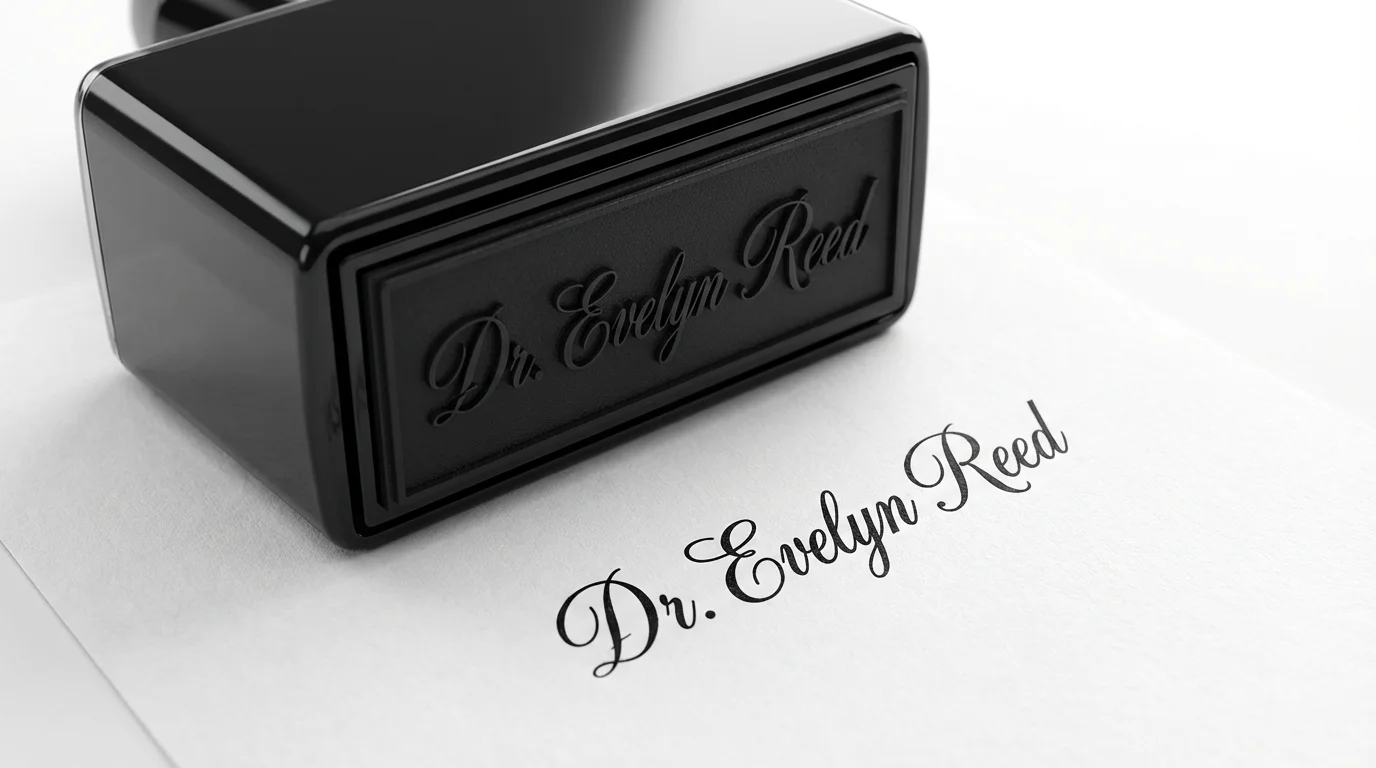 A photorealistic image of a sleek black self-inking signature stamp pressing a clear, elegant signature for 'Dr. Evelyn Reed' onto a white document, set against a clean white background.