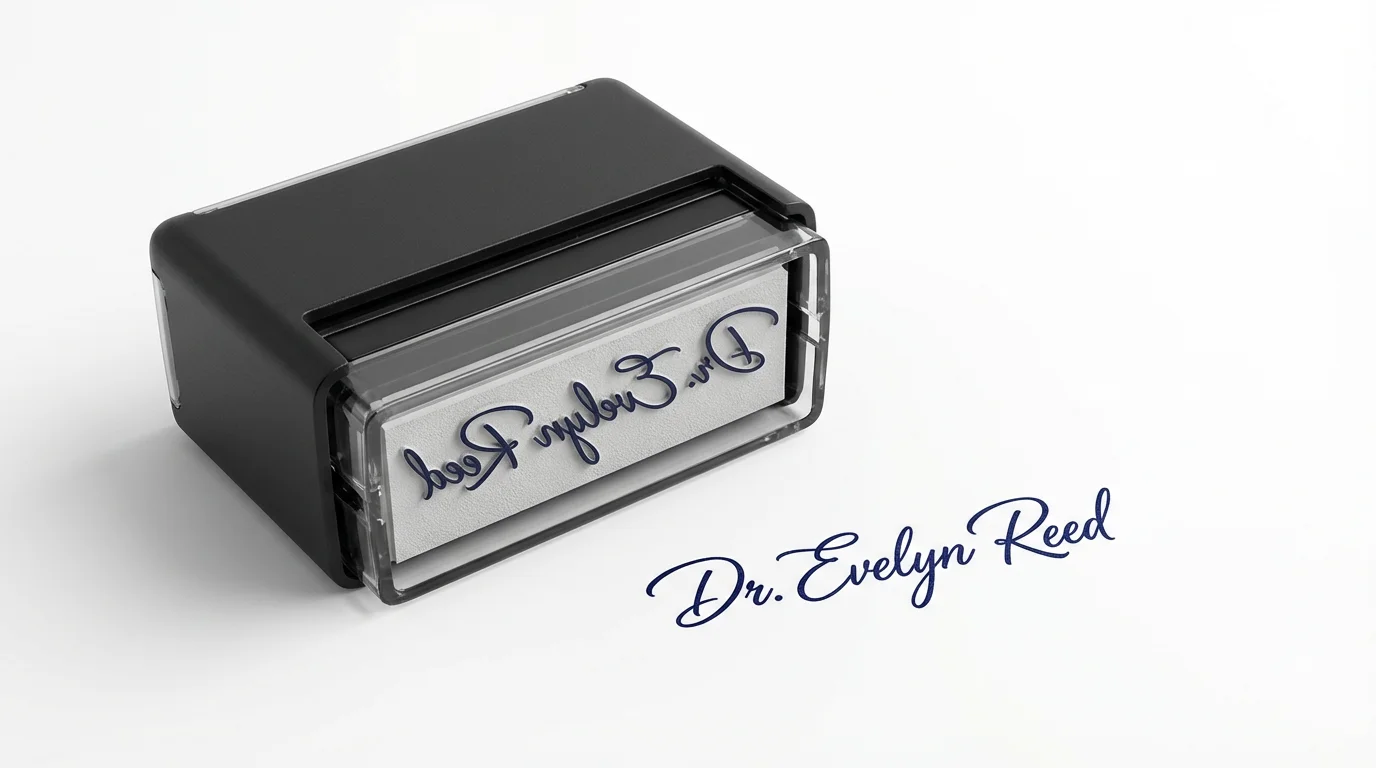 A photorealistic mockup of a modern black self-inking stamp with the signature 'Dr. Evelyn Reed', placed on a white background next to a crisp blue ink impression of the signature.
