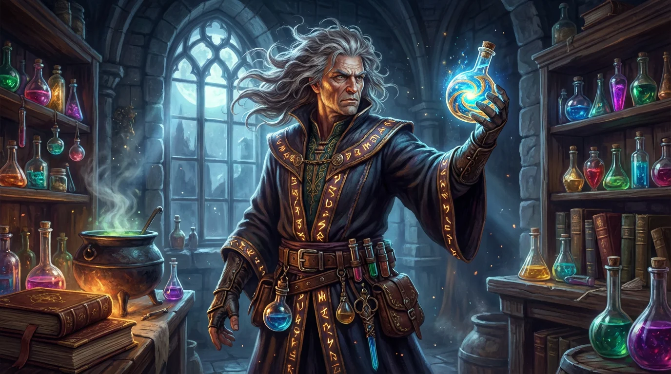 A finished character design of a master alchemist, depicted as a stunning digital painting. The alchemist stands in a magical laboratory, holding a glowing potion, with moonlight creating a cinematic and mystical atmosphere.