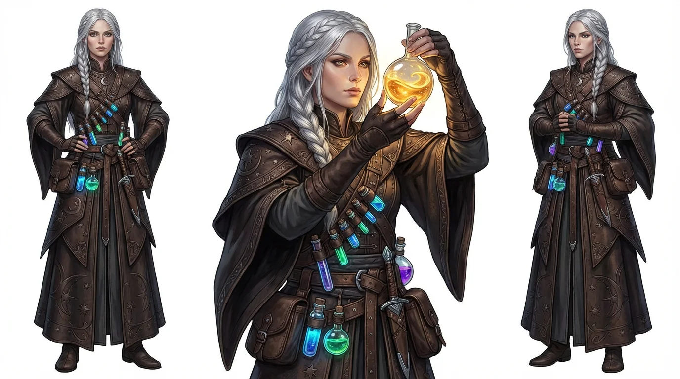 A full-body concept art illustration of a female alchemist with silver hair, wearing detailed leather robes and holding a glowing golden potion against a plain white background.