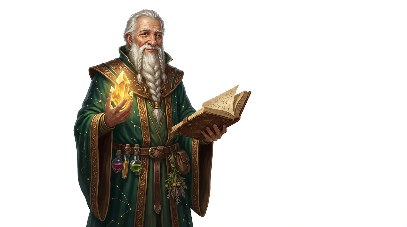 A full-body digital painting of an elderly male alchemist character against a white background. He has a long white beard and wears green and bronze robes, holding a glowing crystal and an ancient book.