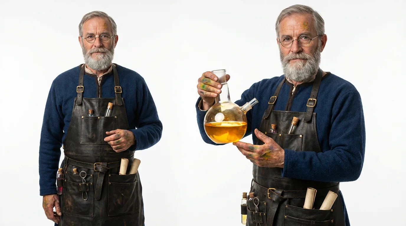A photorealistic character design of a wise alchemist with a gray beard and glasses, wearing a detailed leather apron and holding a glowing alchemical device, set against a plain white background.