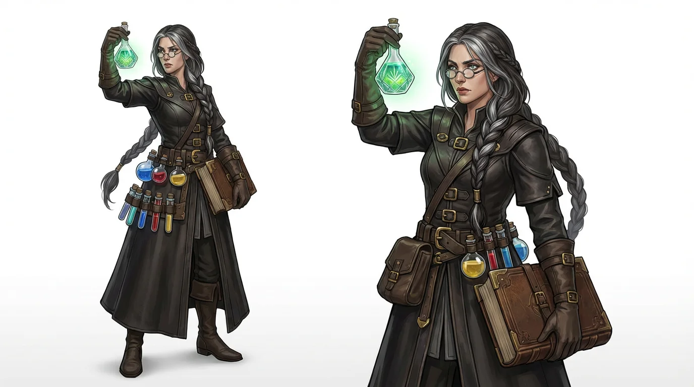 A full-body character design of a female alchemist with silver-streaked hair and spectacles, holding a glowing green potion, set against a solid white background.