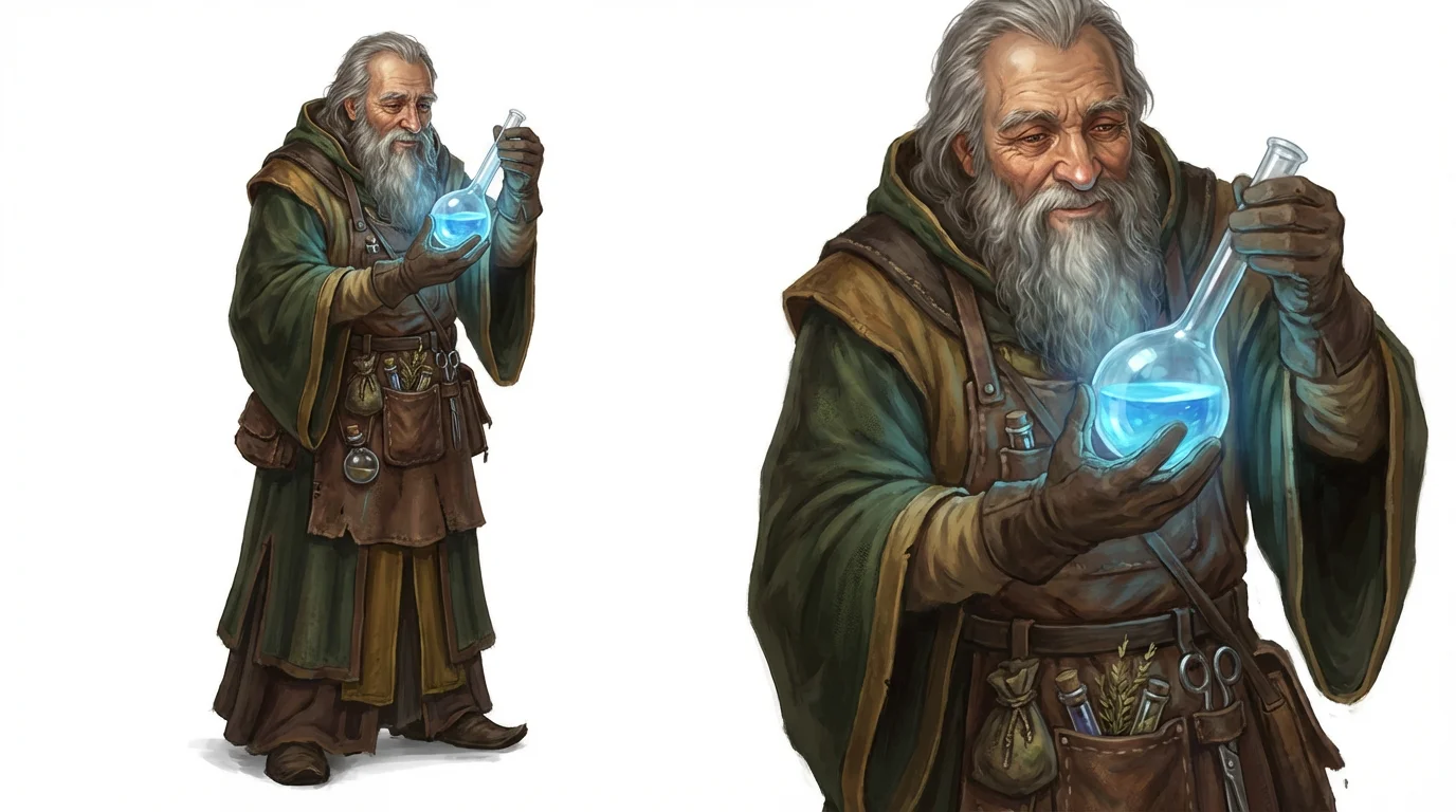 A full-body character design of an elderly alchemist in robes and an apron, closely examining a glowing blue potion against a solid white background.