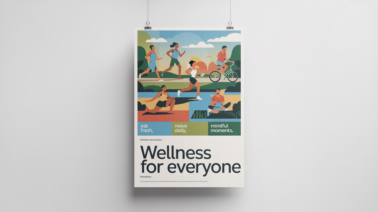 A finished healthcare poster mockup titled 'Wellness for Everyone', showing a vibrant illustration of a diverse group of people exercising in a park. The poster is presented against a clean white background.