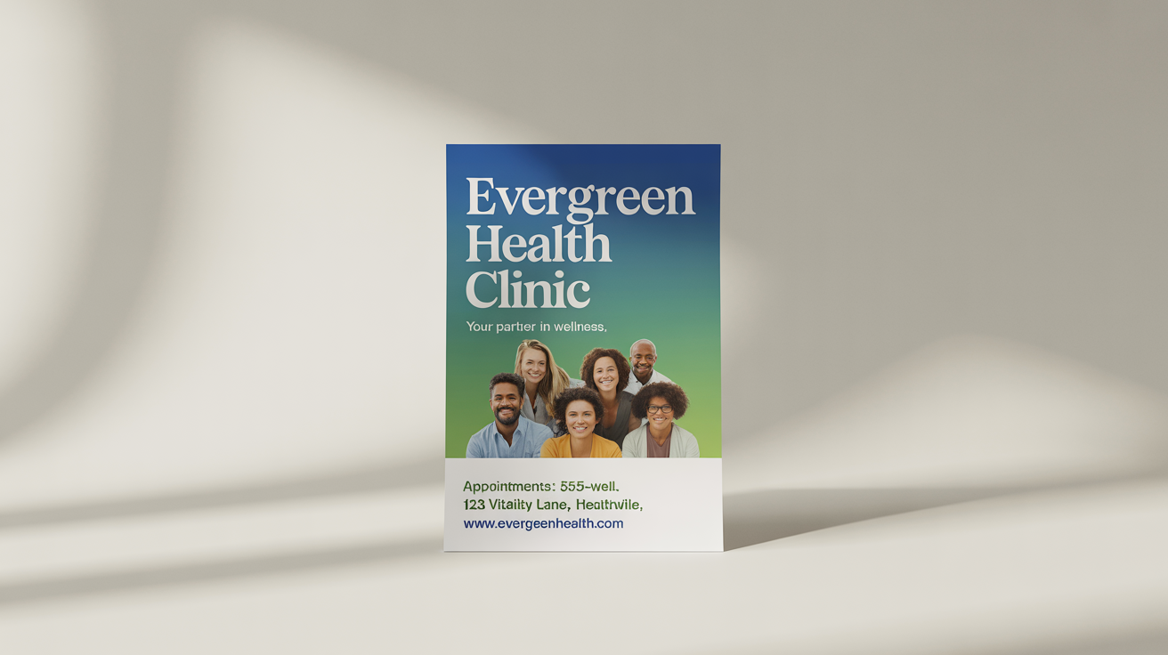 A professional mockup of a healthcare poster for 'Evergreen Health Clinic'. The poster features a diverse group of healthy people and text that reads 'Your Partner in Wellness'.