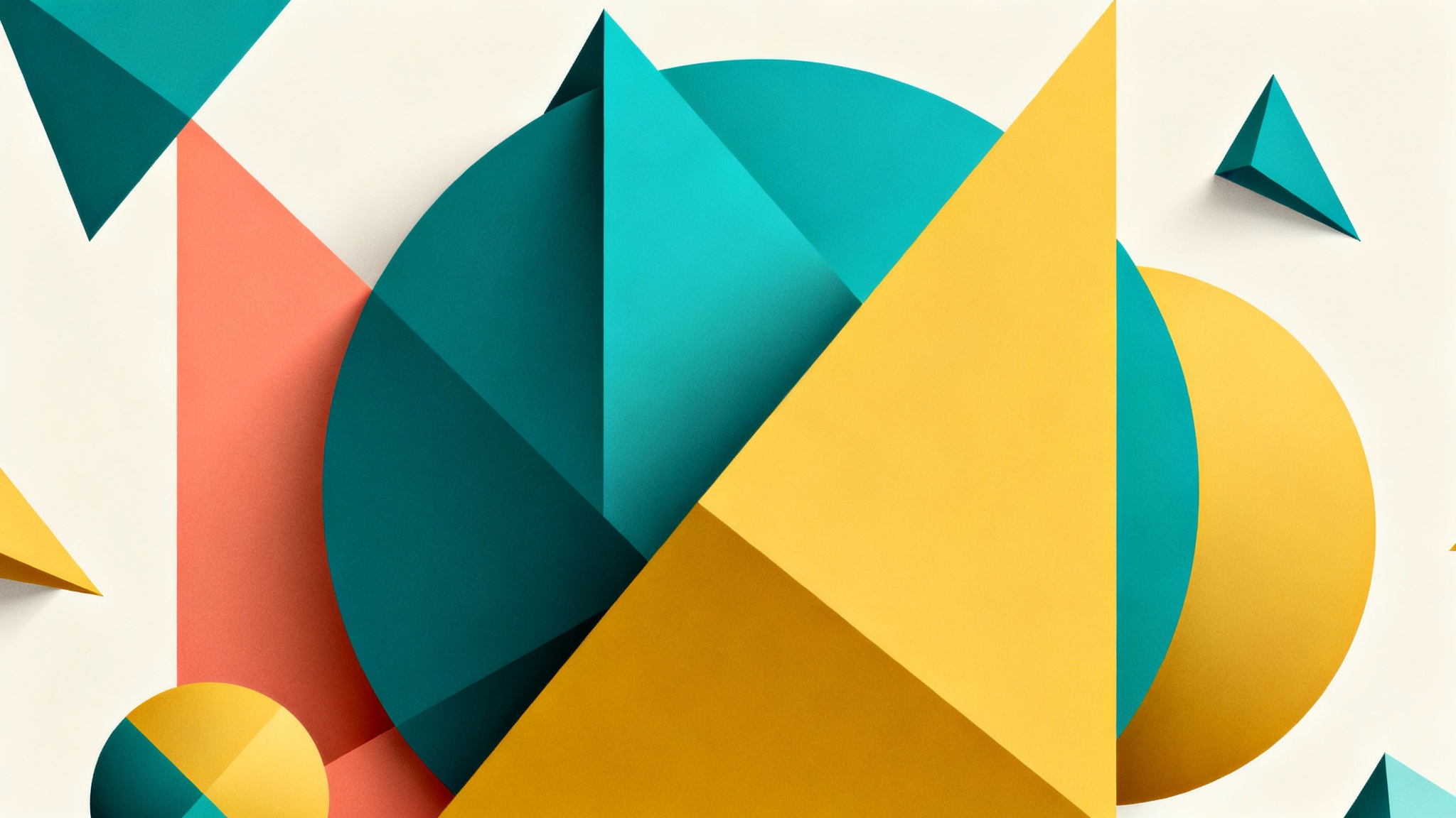 A vibrant geometric background in a 16:9 aspect ratio, featuring overlapping shapes like triangles and circles in a color palette of teal, coral, and yellow, creating a modern and dynamic design with a 3D effect.