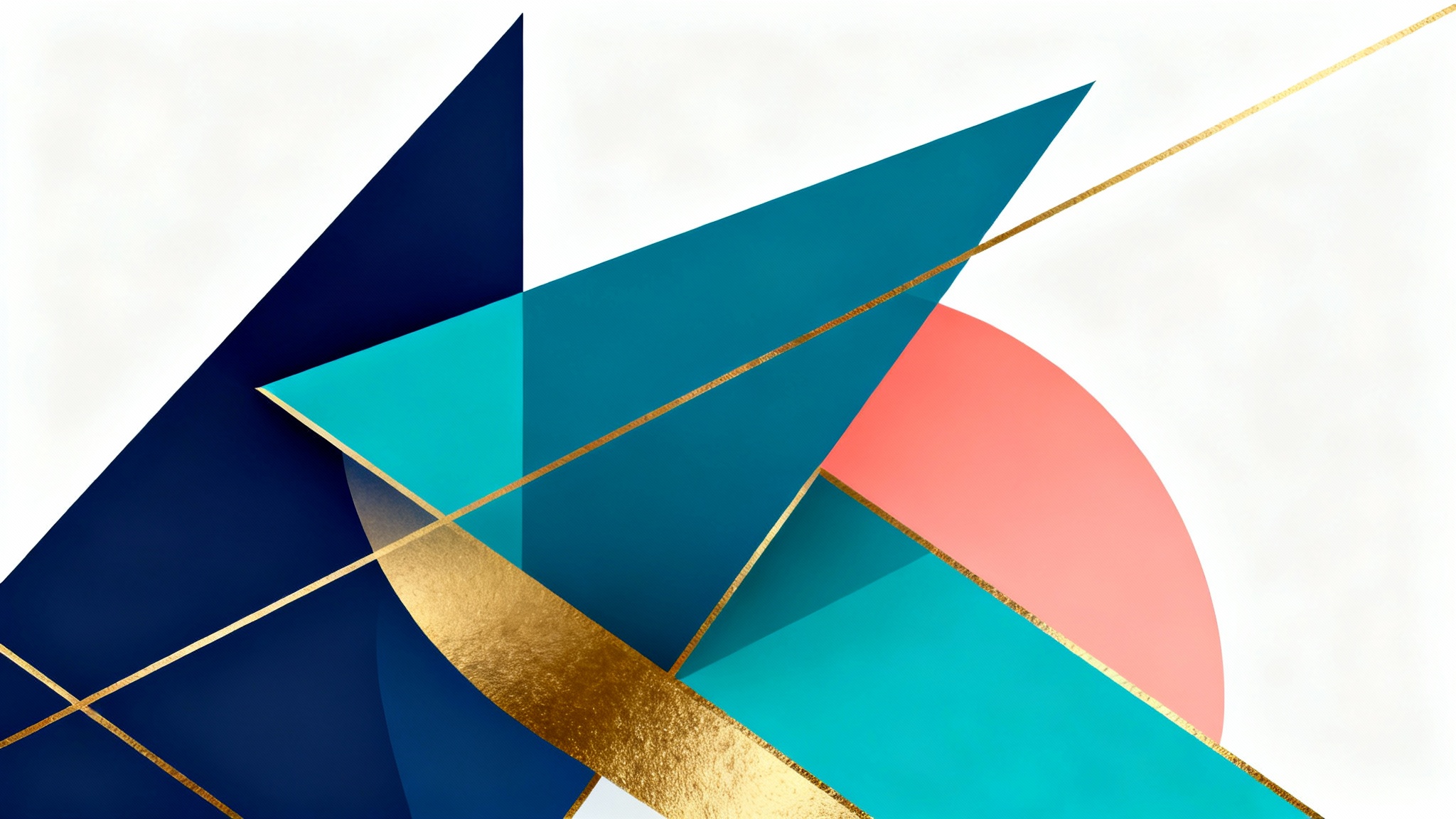 An abstract geometric background with overlapping shapes in a color palette of navy blue, teal, coral, and gold, displayed on a clean white background.