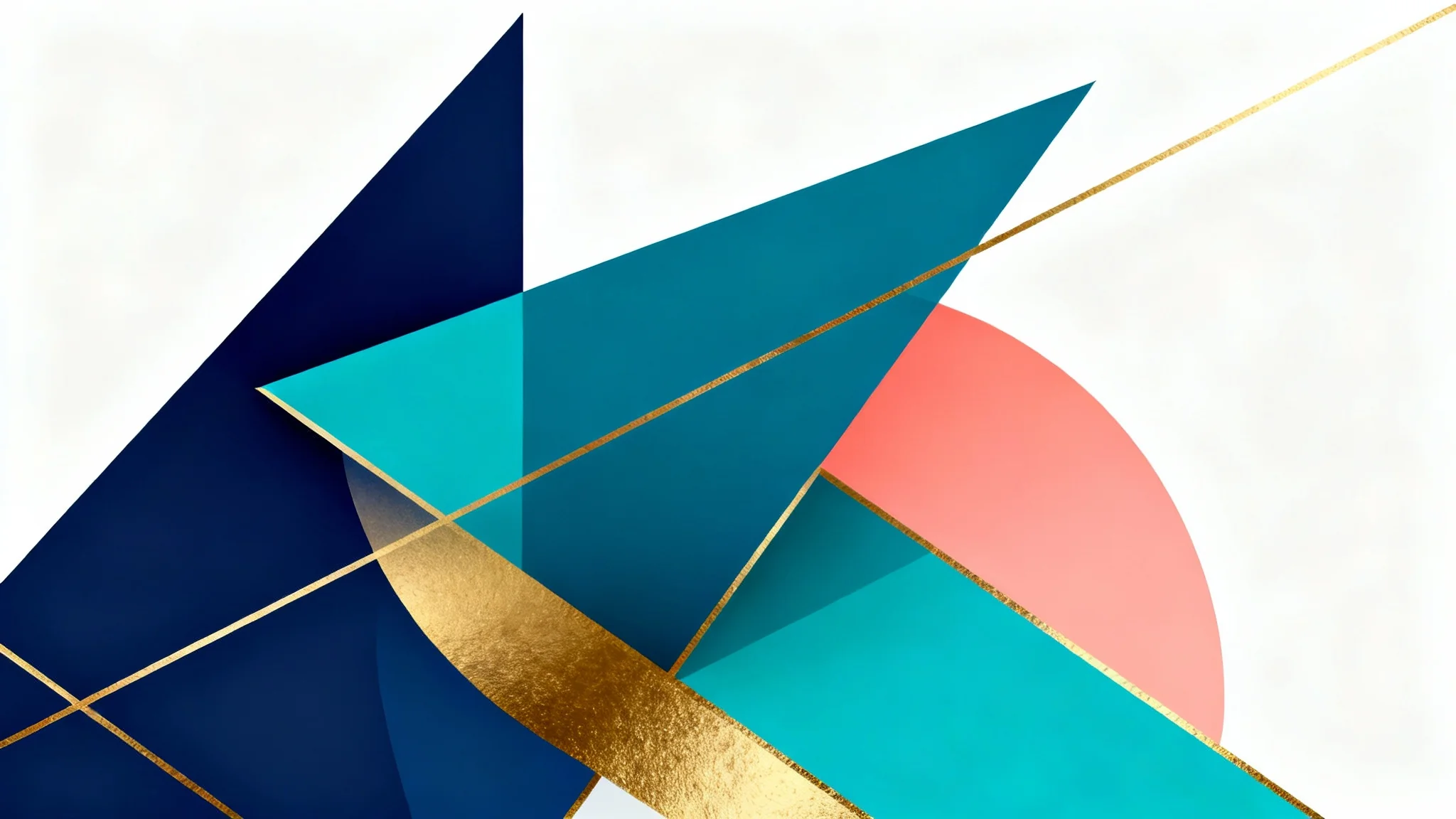 An abstract geometric background with overlapping shapes in a color palette of navy blue, teal, coral, and gold, displayed on a clean white background.