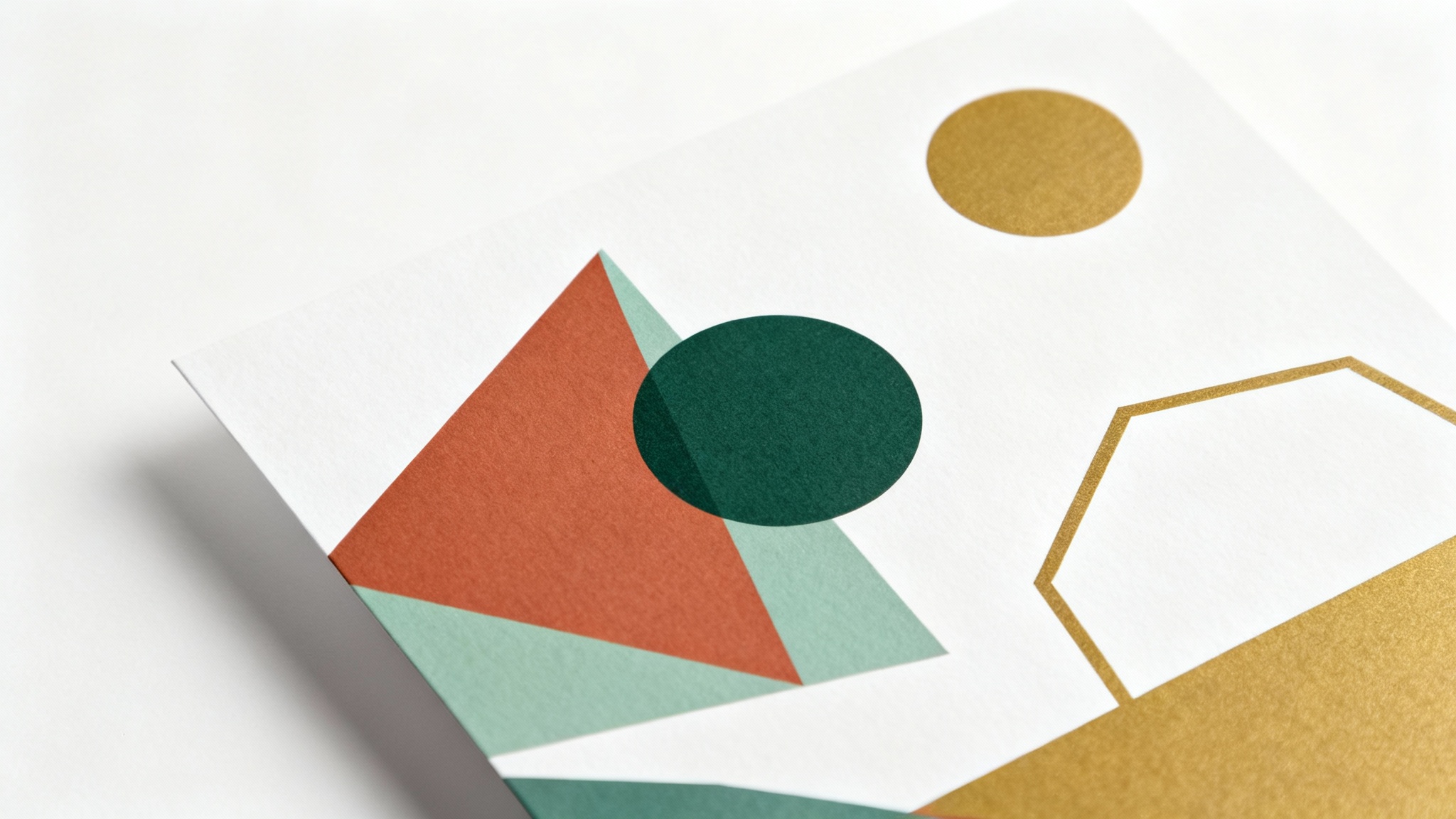 A modern geometric background pattern featuring an abstract arrangement of triangles and circles in terracotta, sage green, and gold, presented as a print on a clean white background.