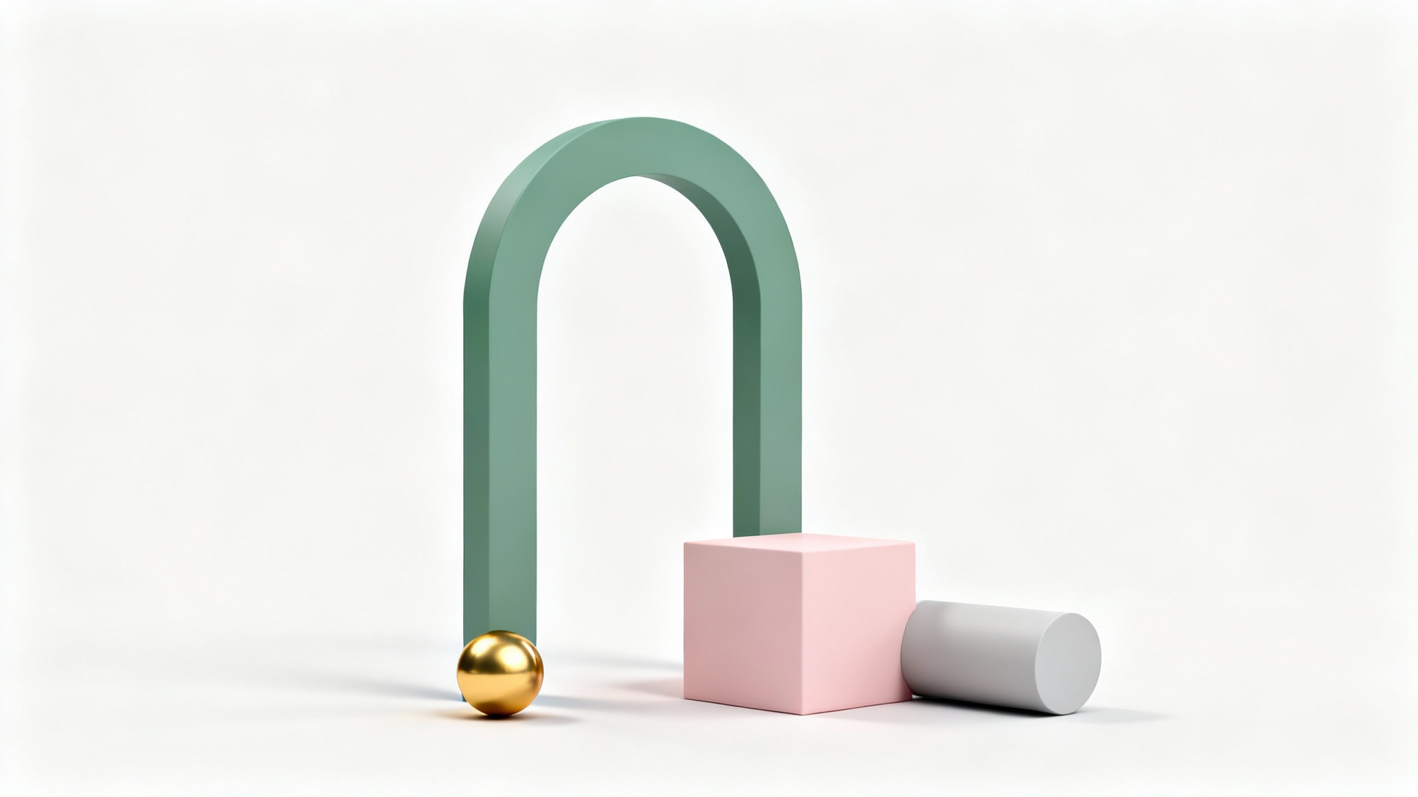 A modern 3D geometric background featuring abstract shapes in pastel colors like sage green and pink with a gold accent, all set against a clean white background.