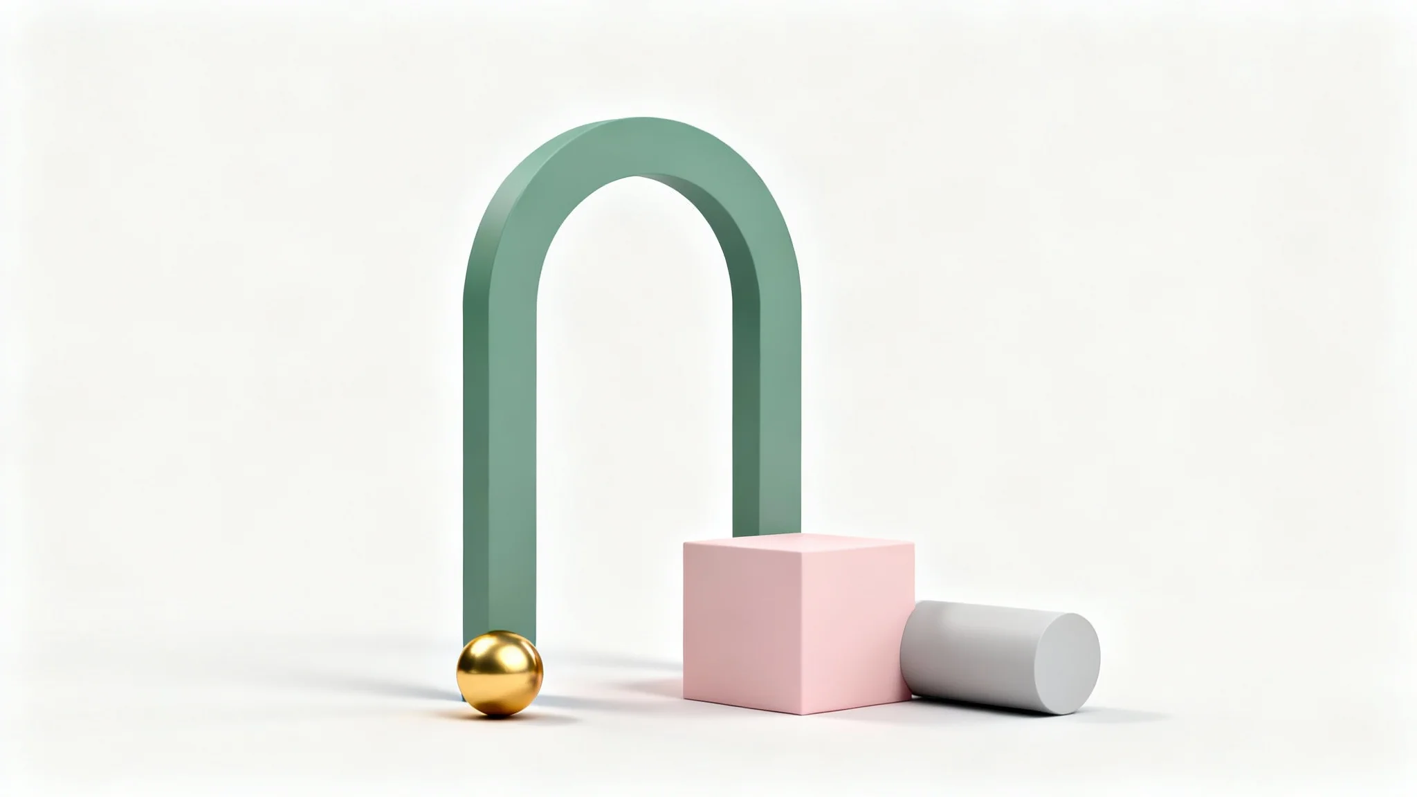 A modern 3D geometric background featuring abstract shapes in pastel colors like sage green and pink with a gold accent, all set against a clean white background.