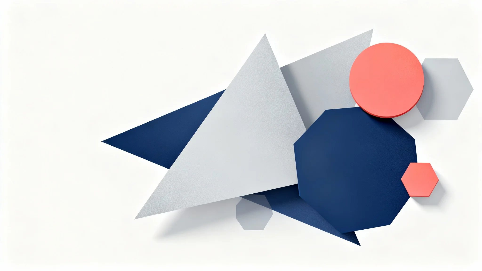 A modern geometric background with overlapping shapes in navy blue, gray, and coral, creating a clean and professional design on a white background.