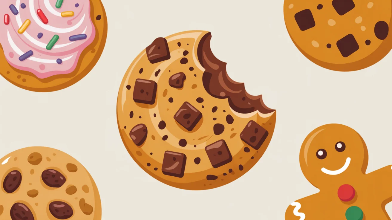 An eye-catching arrangement of various cookie cliparts, including chocolate chip and sprinkled sugar cookies, shown in a colorful, flat illustration style against a white background, representing the final output of a clipart generator.