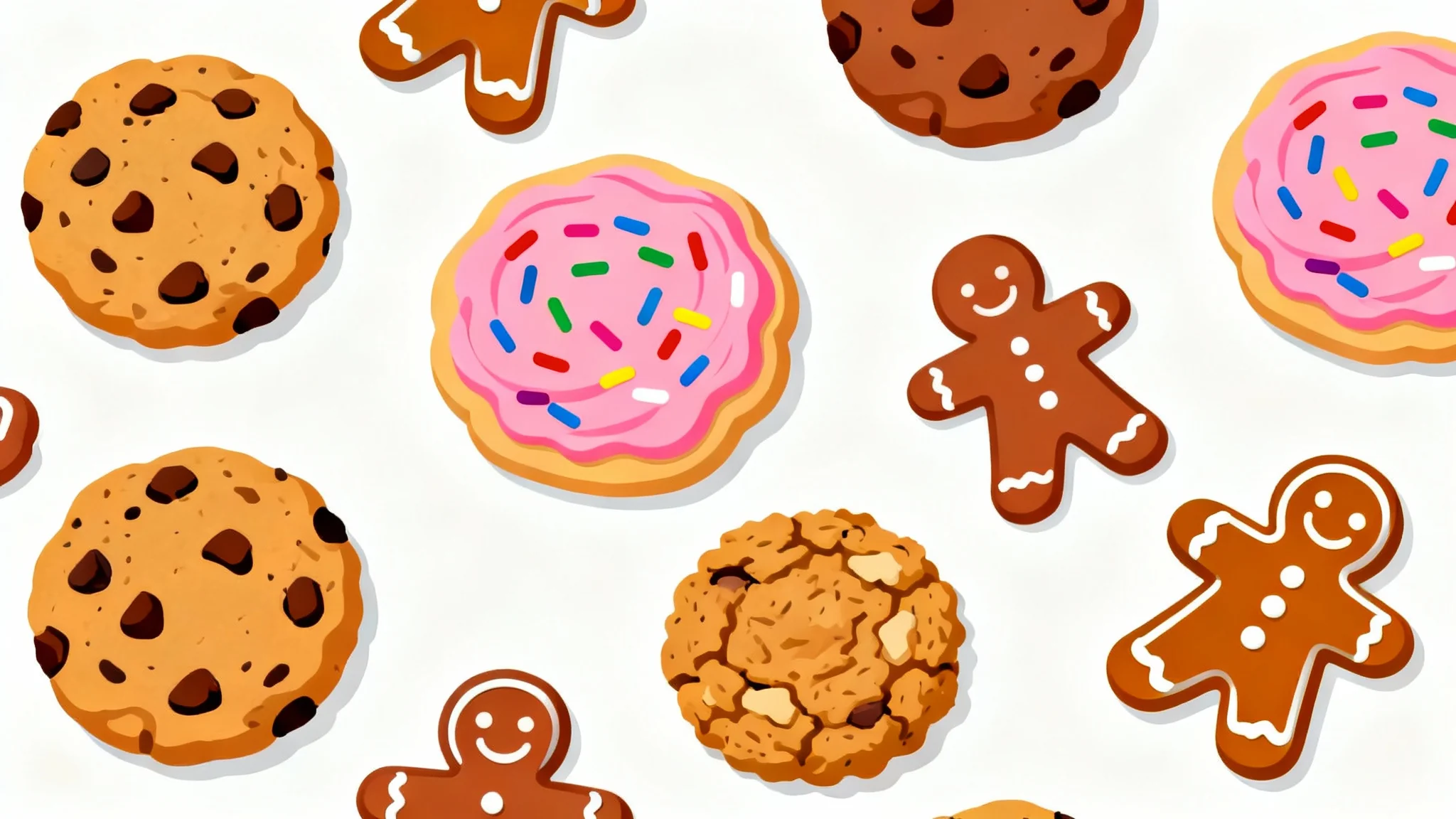 A collection of colorful cookie clipart, featuring a chocolate chip cookie, a frosted sugar cookie, an oatmeal cookie, and a gingerbread man, all in a flat, illustrative style against a white background.