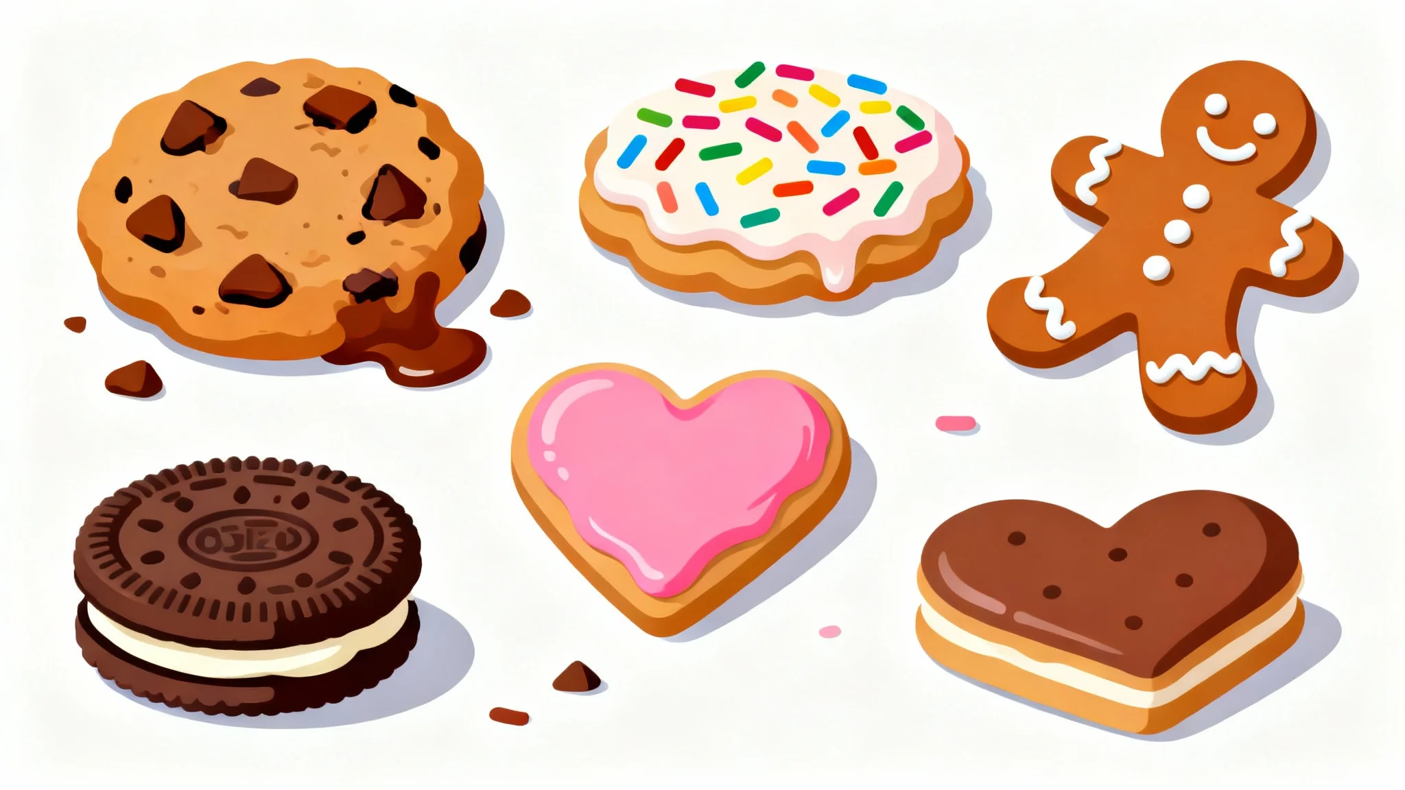 A colorful display of various cookie clipart designs, including a chocolate chip cookie, a gingerbread man, and a frosted sugar cookie, arranged on a plain white background.