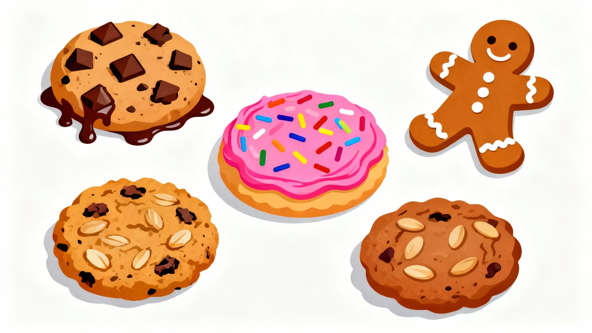 A colorful collection of various cookie clipart, including chocolate chip, frosted sugar, and gingerbread man cookies, scattered on a plain white background.