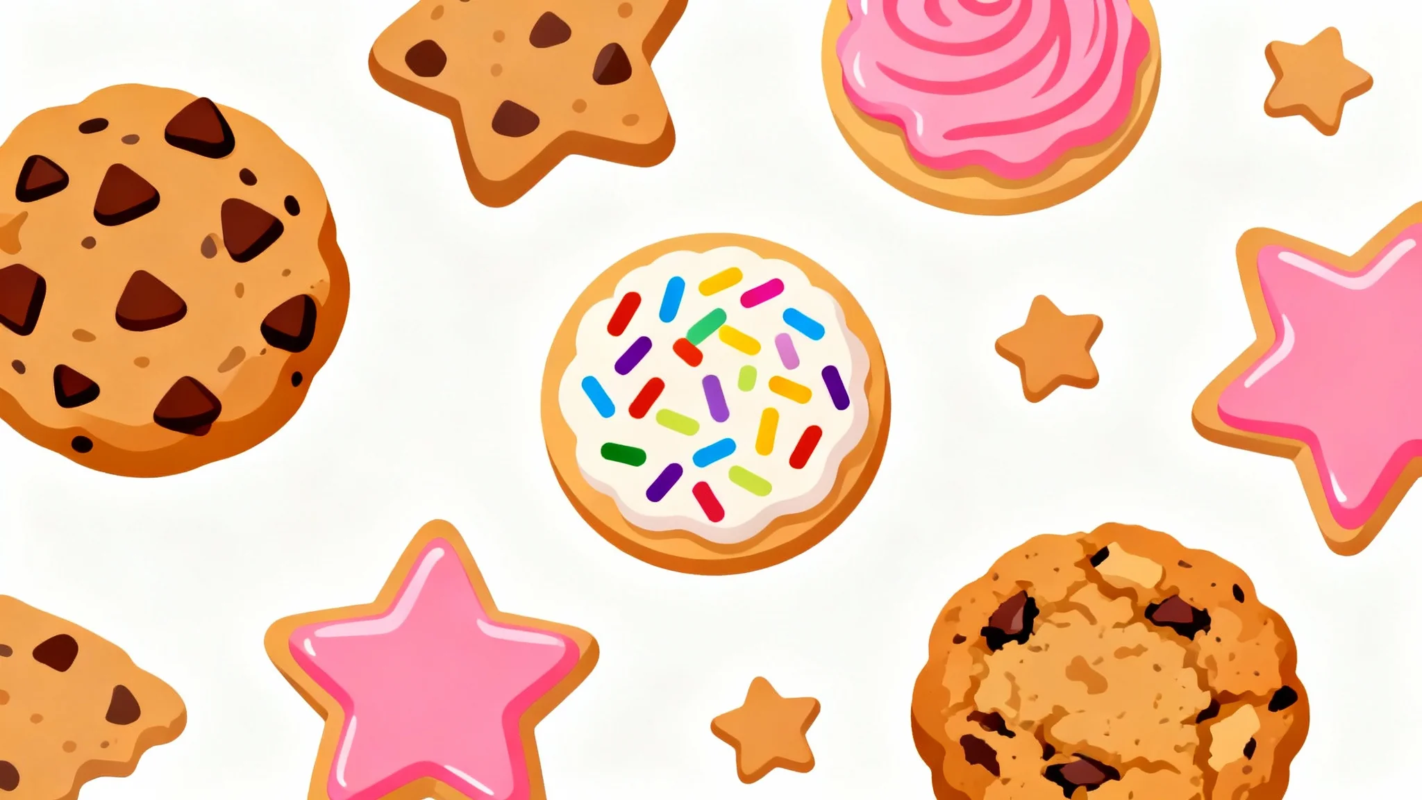 A colorful collection of various cookies in a flat clipart style, including chocolate chip, oatmeal, and frosted sugar cookies, scattered on a white background.