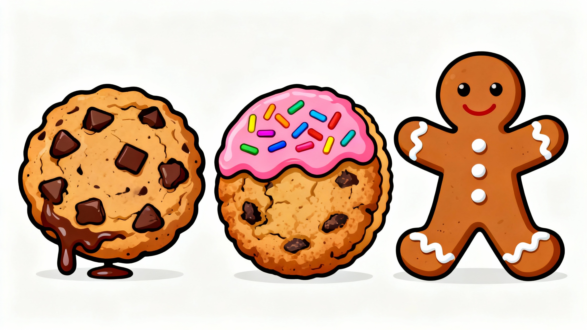 A colorful collection of four stylized cookie cliparts, featuring a chocolate chip cookie, a sprinkled sugar cookie, an oatmeal cookie, and a gingerbread man, all on a clean white background.