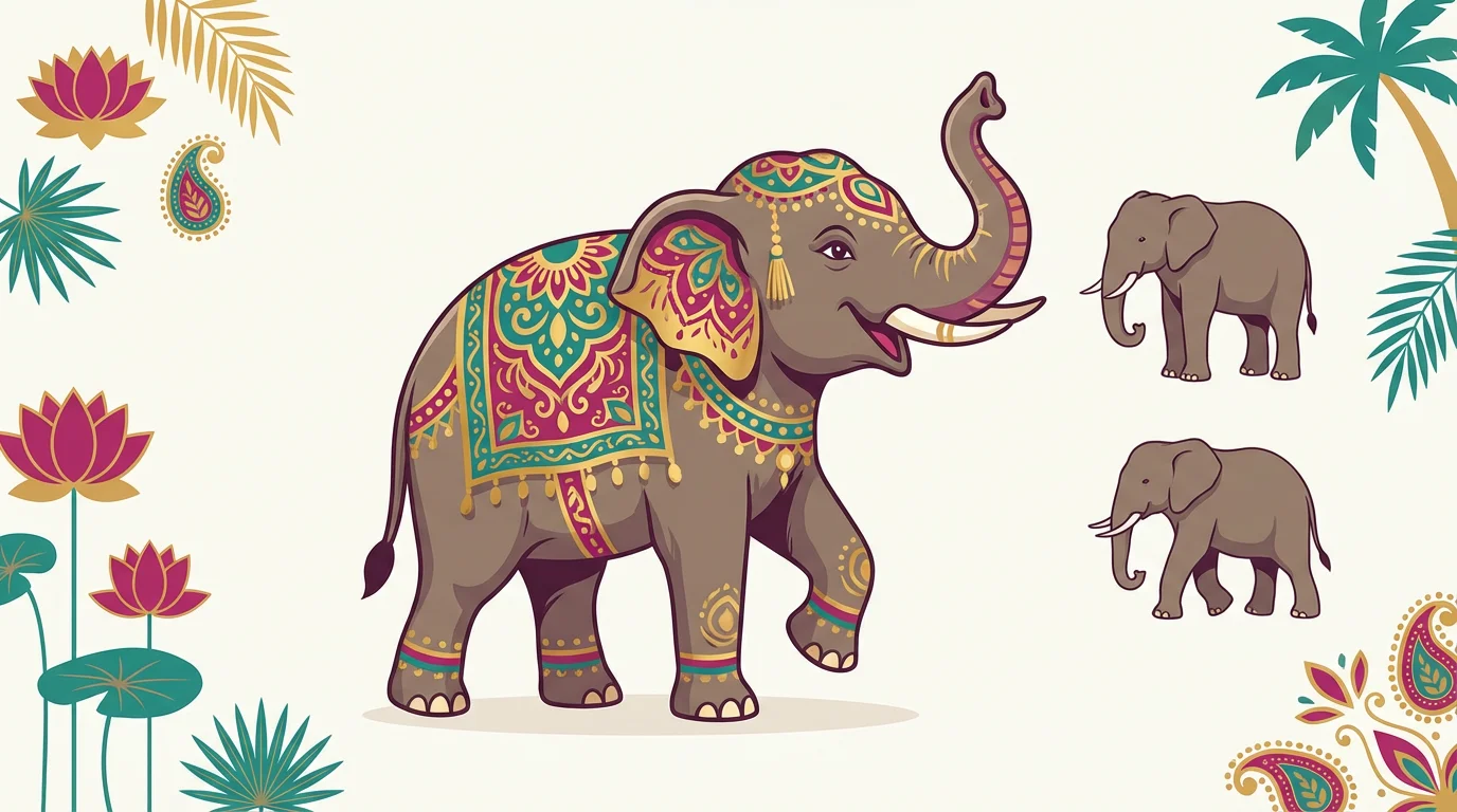 A professionally designed scene showing the final result of an Indian elephant clipart tool. A large, decorated elephant is in the center, with two smaller elephants and floral motifs on a clean background.
