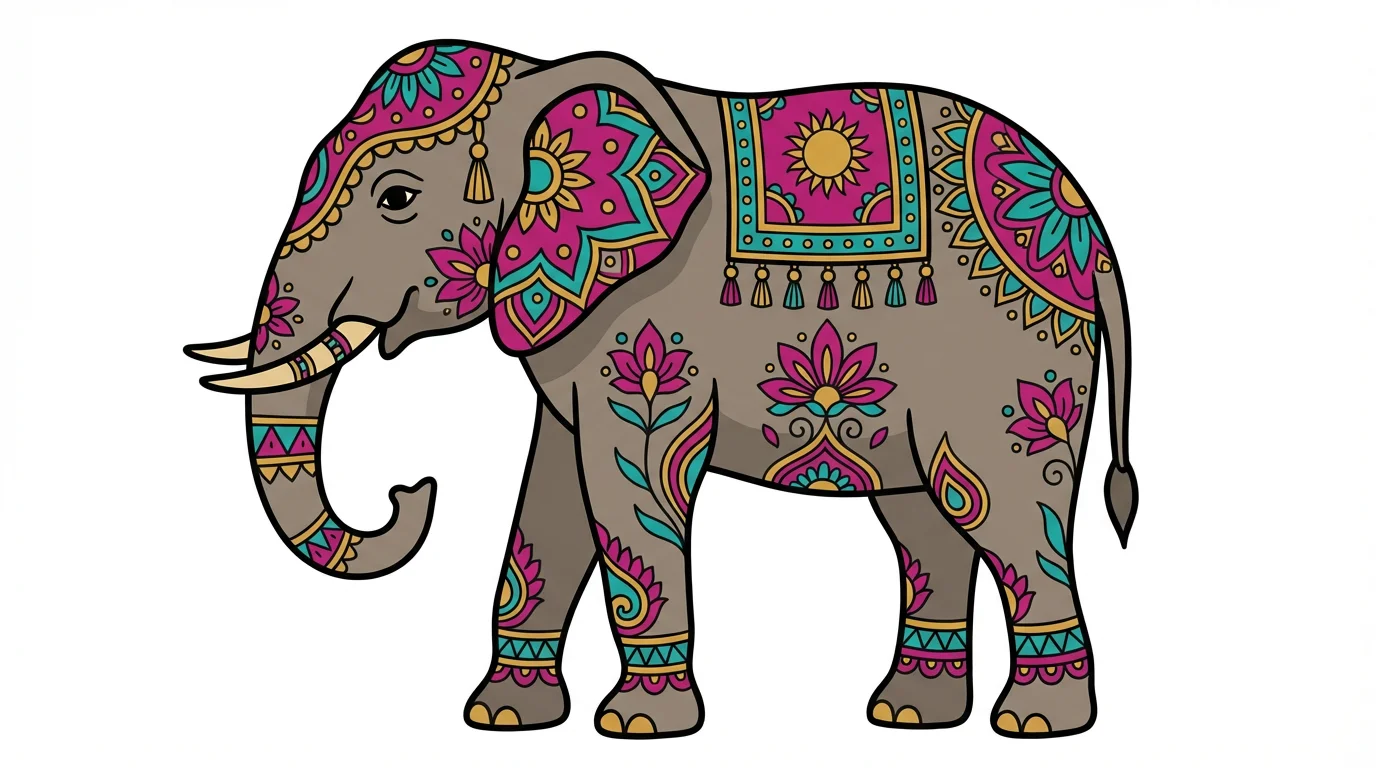 A stylized vector clipart illustration of an Indian elephant adorned with colorful, traditional decorations, presented against a plain white background.