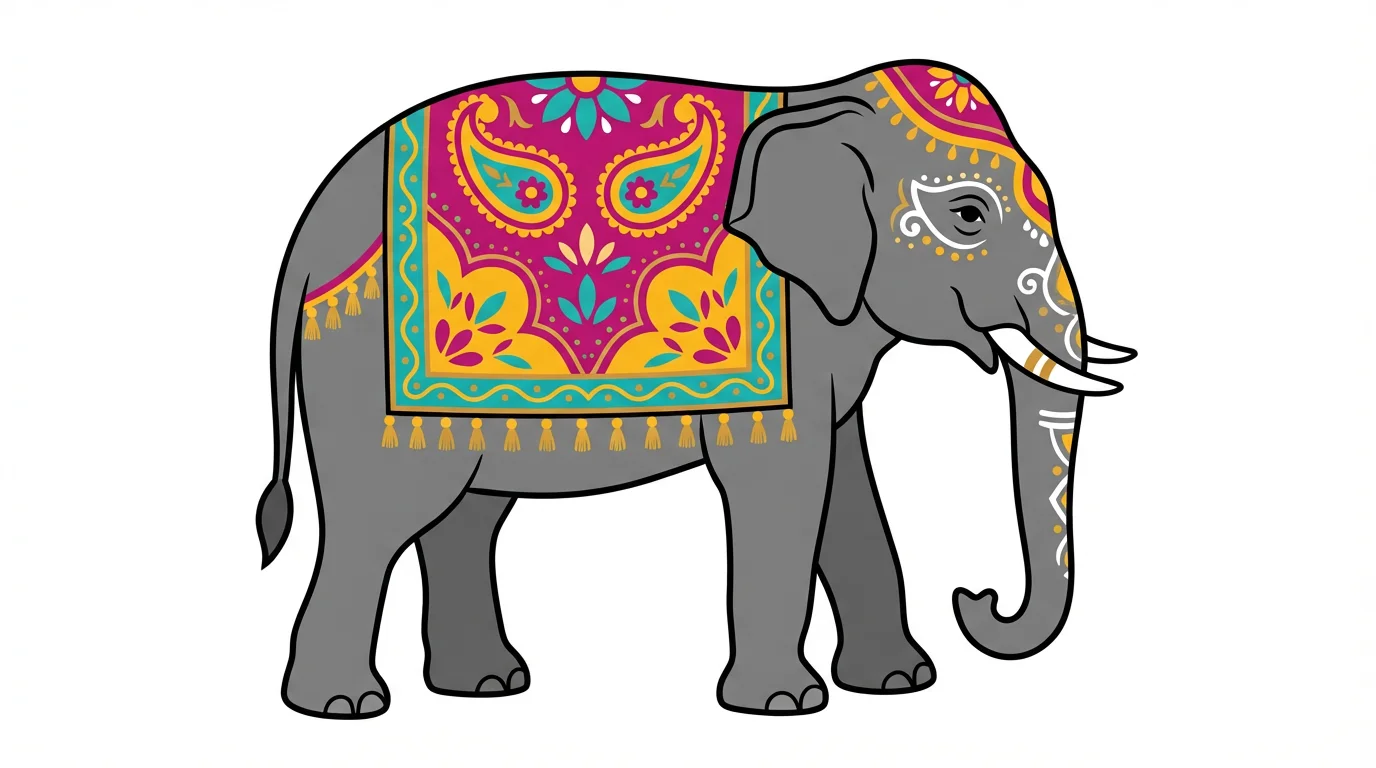 A colorful vector clipart illustration of a traditionally decorated Indian elephant in profile, set against a plain white background.