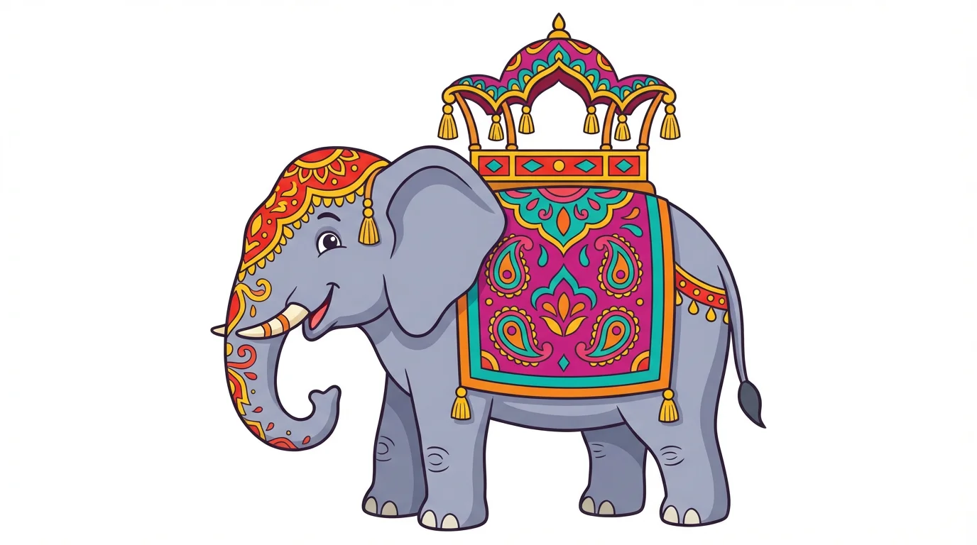 A colorful clipart illustration of a decorated Indian elephant with a festive blanket and painted forehead, isolated on a white background.