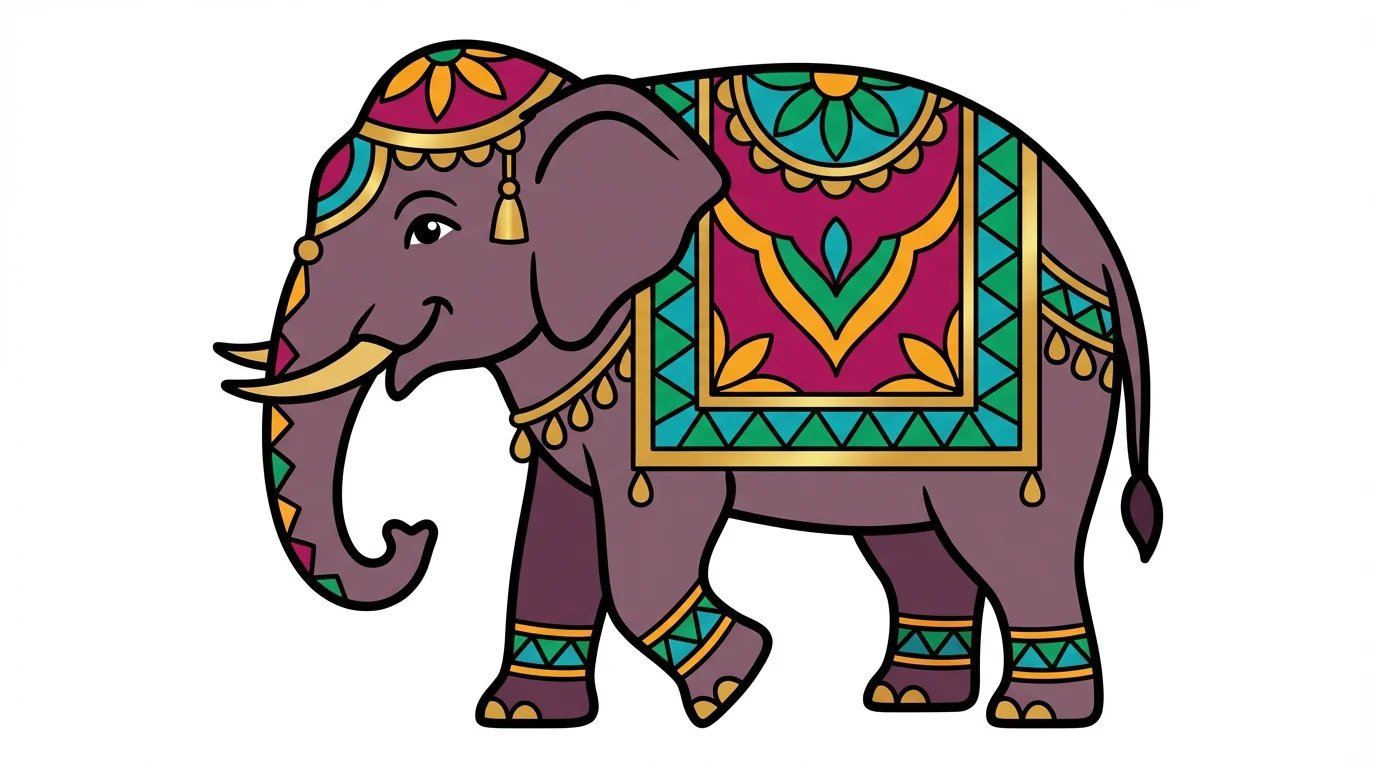 A vibrant clipart illustration of an Indian elephant in profile, adorned with a colorful, traditional decorative blanket and headdress, set against a plain white background.