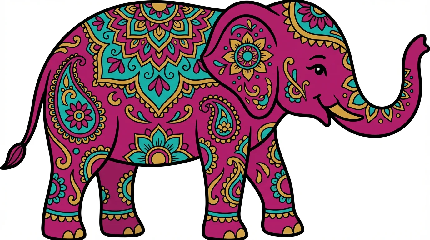 A stylized vector clipart of an Indian elephant decorated with colorful traditional patterns, shown in side profile against a plain white background.