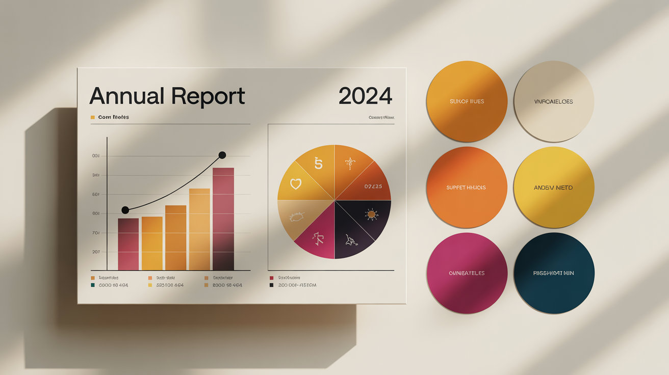A professionally designed infographic titled 'Annual Report 2024' displayed next to the vibrant sunset-themed color palette used to create it, showcasing the final output of a design tool.