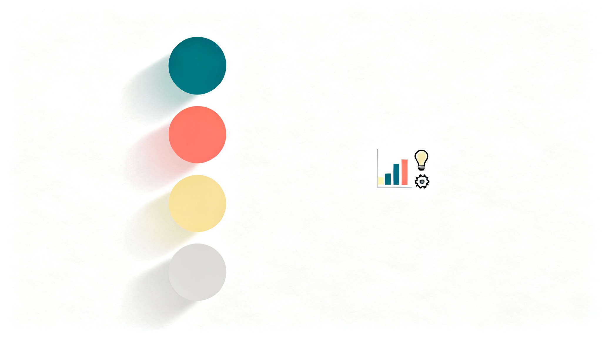 A mockup illustrating an infographic color palette with four color swatches, teal, coral, yellow, and gray, next to a simple bar chart and icons using those colors.